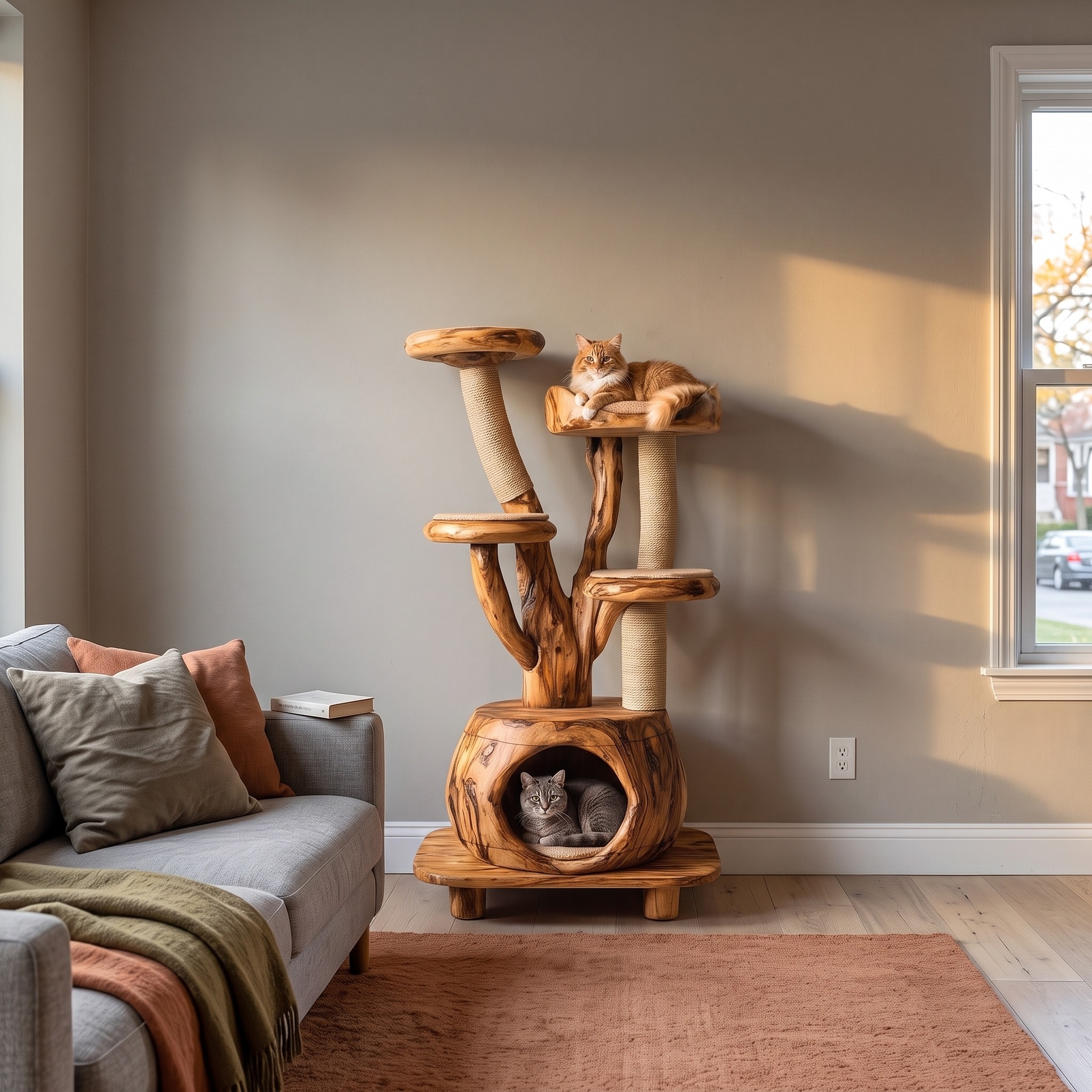 Rustic Tree Cat Tower with Cozy Pet Bed for Living Room