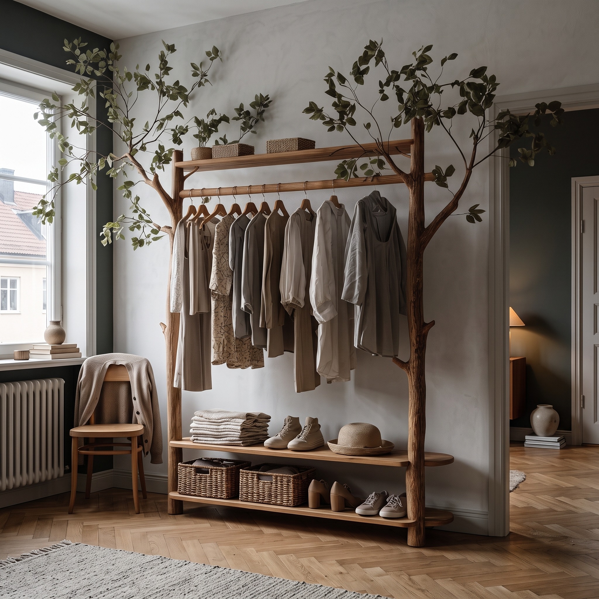 Rustic Tree Clothes Rack Solid Wood Bedroom Organizer