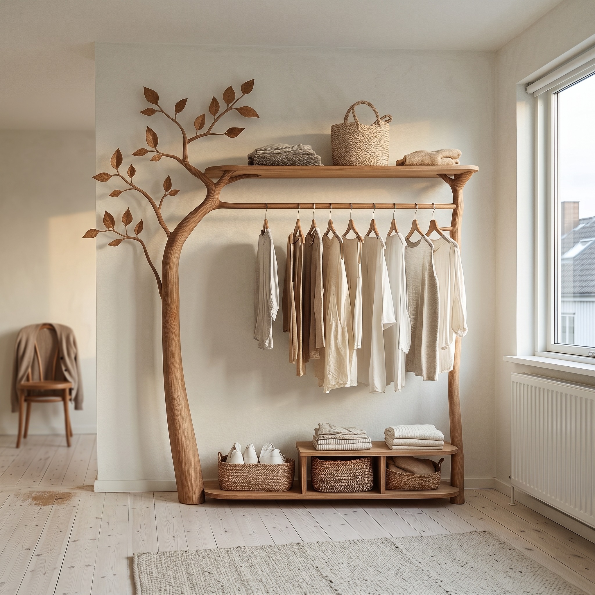 Rustic Tree Clothes Rack Solid Wood Bedroom Organizer - Model SINLKITCR055