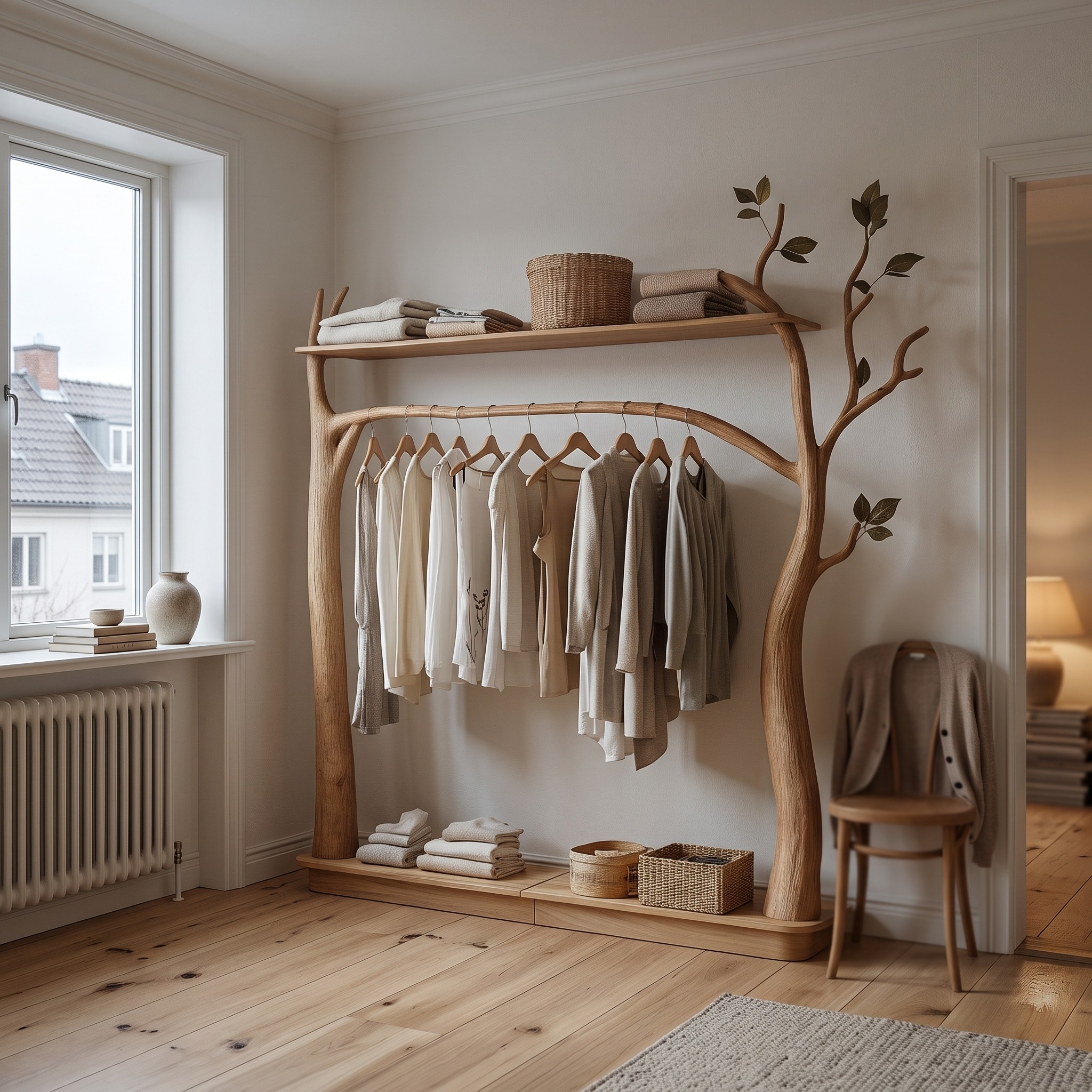 Rustic Tree Clothes Rack Solid Wood Bedroom Organizer - Model SINLKITCR057