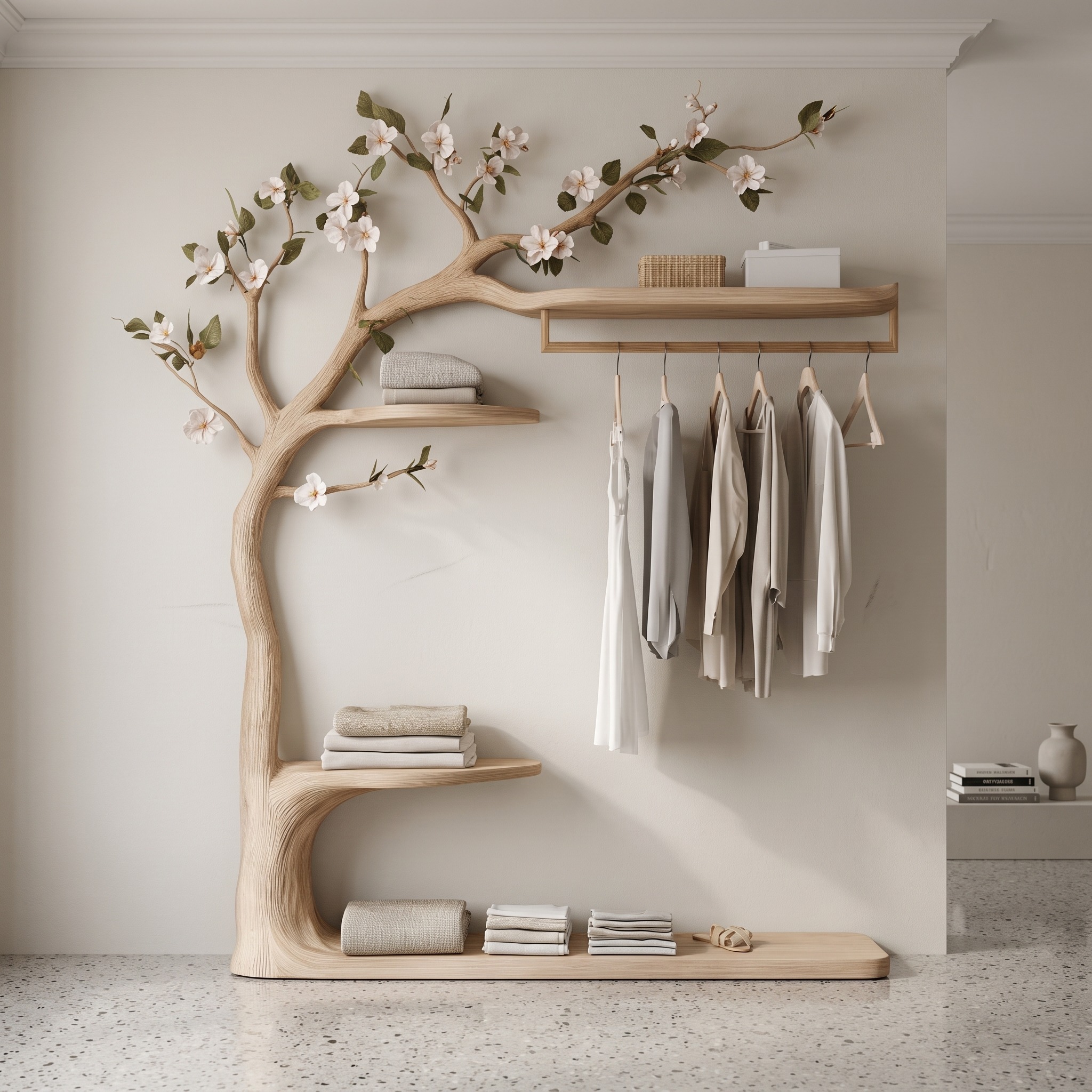 Rustic Tree Clothes Rack Solid Wood Bedroom Organizer - Model SINLKITCR060