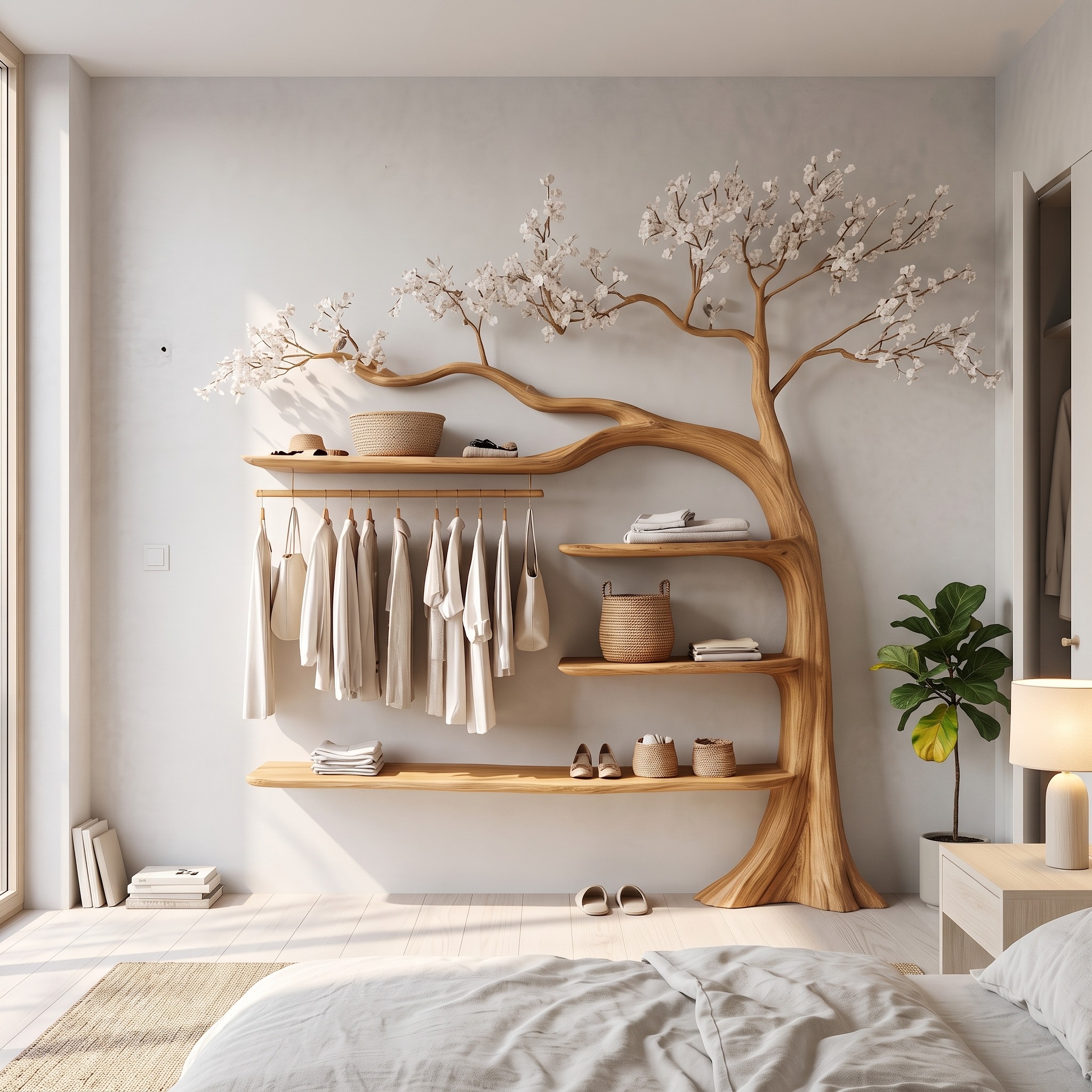 Rustic Tree Coat Rack Bedroom Closet Shelf