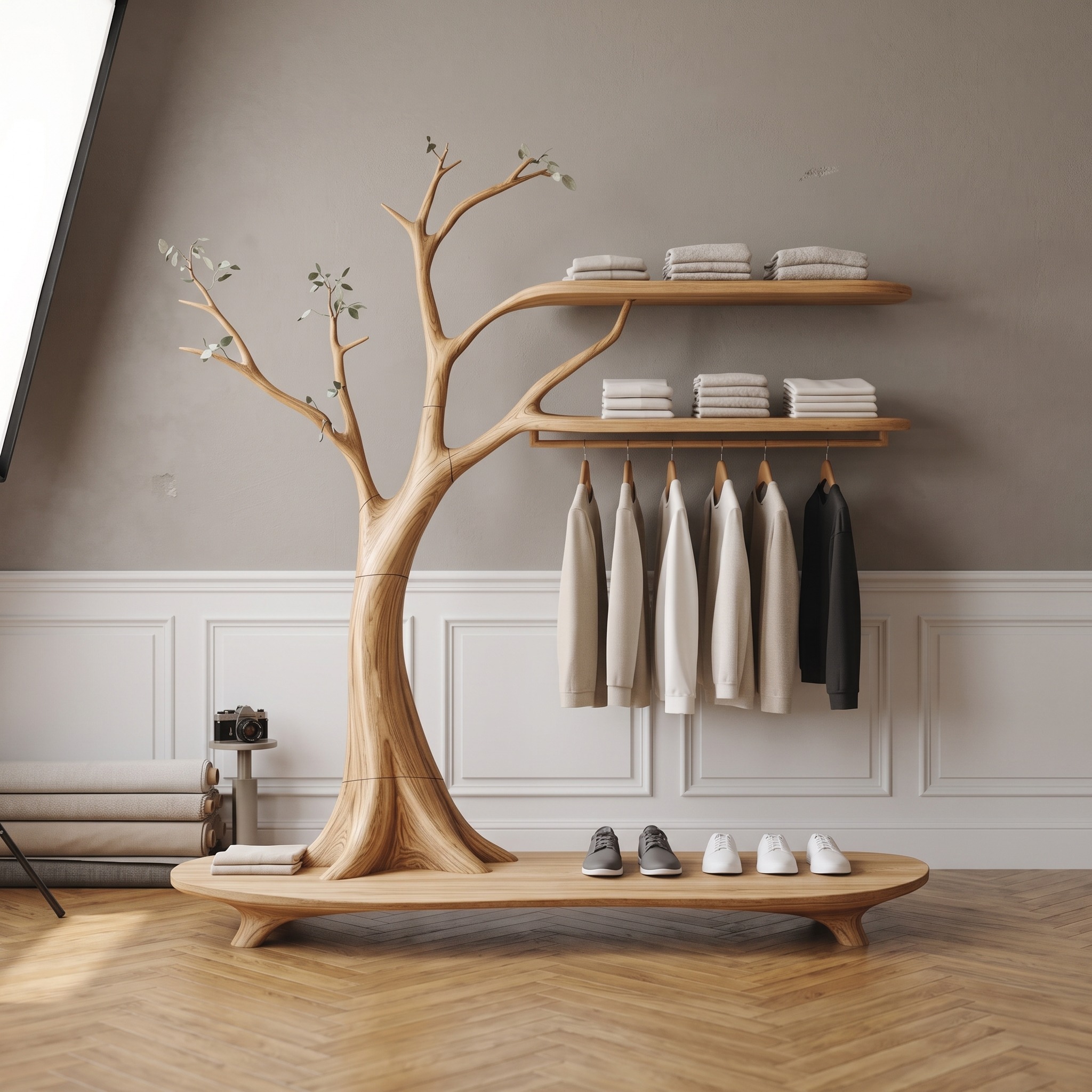 Rustic Tree Coat Rack Entryway Hallway Shelf