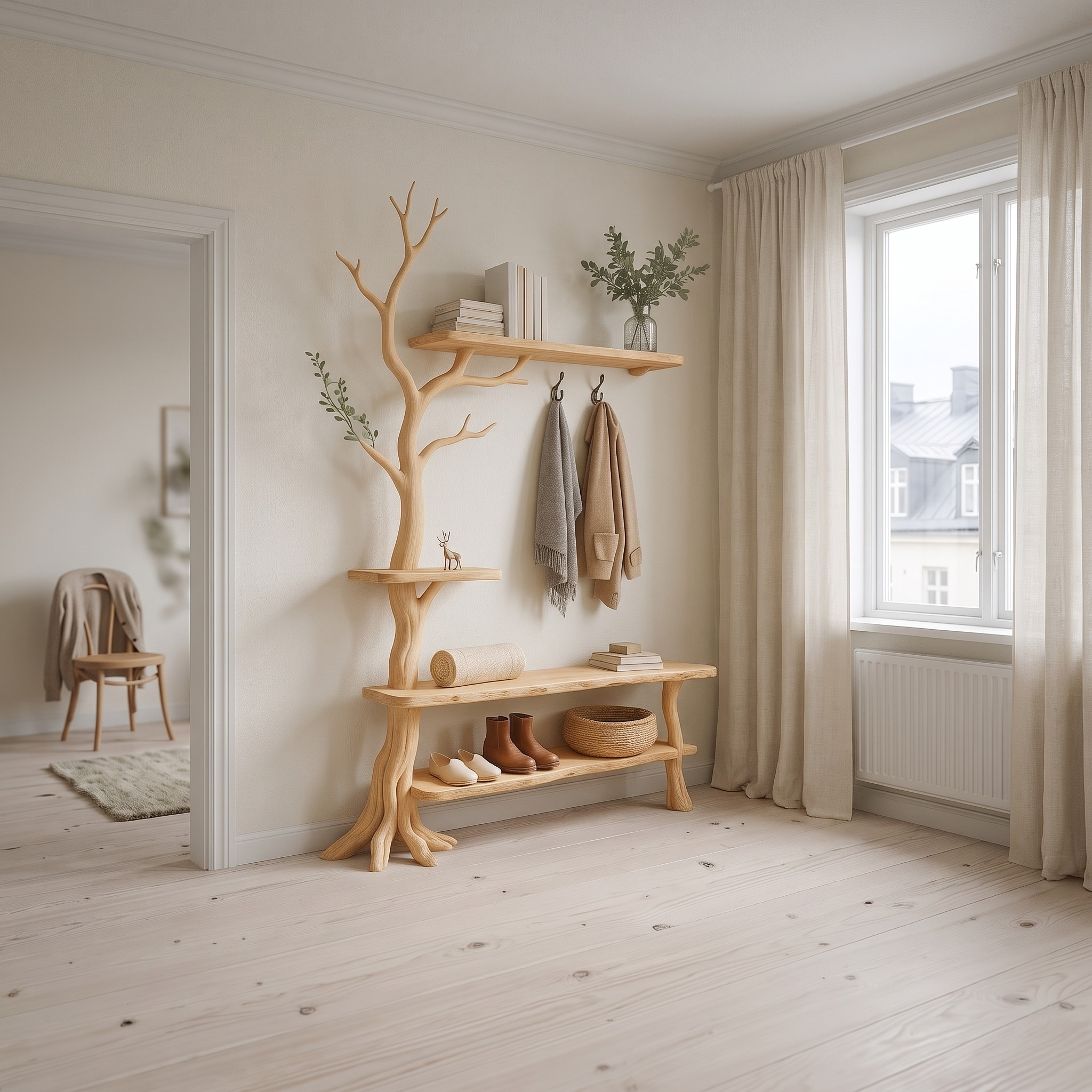 Rustic Tree Coat Rack Shoe Bench Bedroom