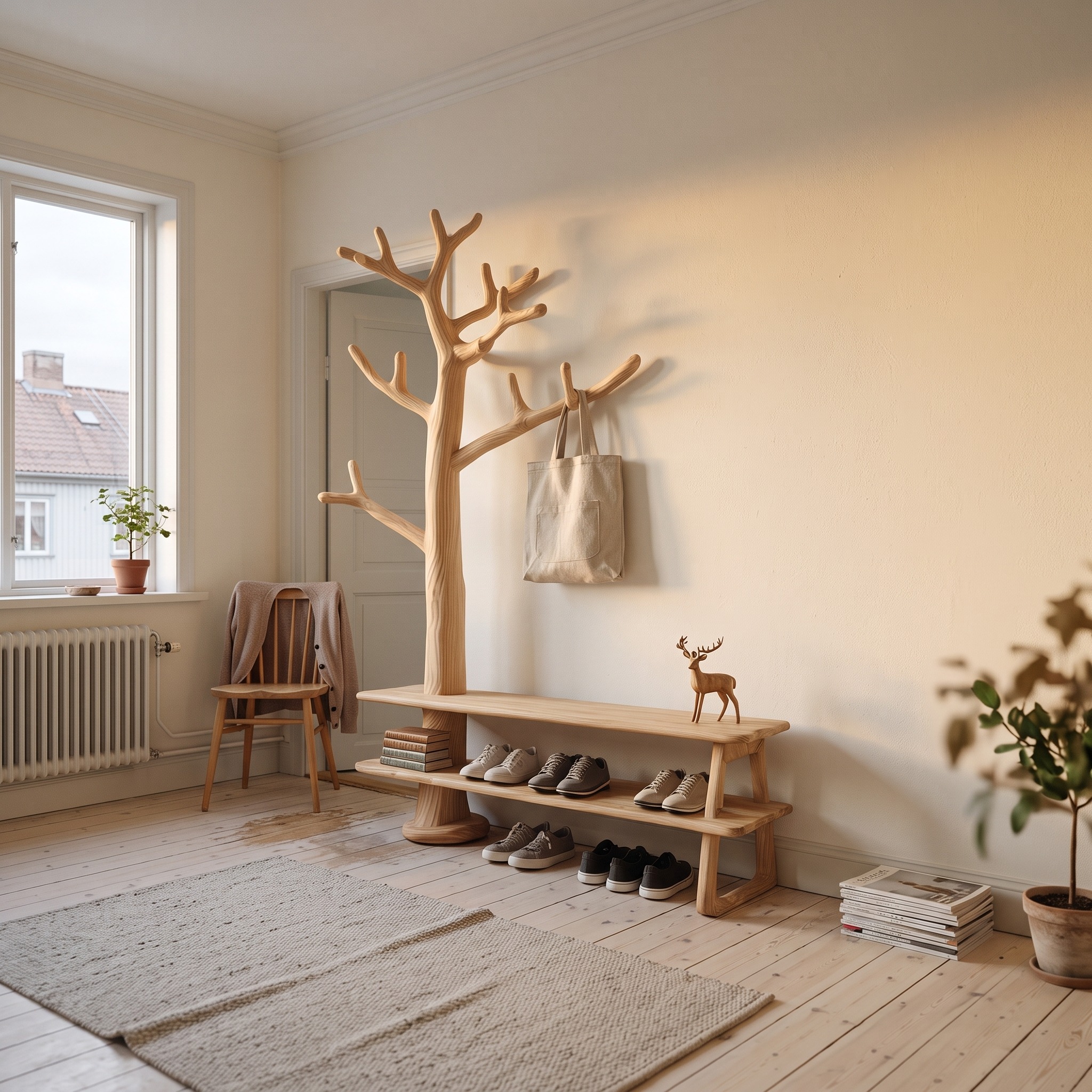 Rustic Tree Coat Rack Shoe Bench Entryway Halway