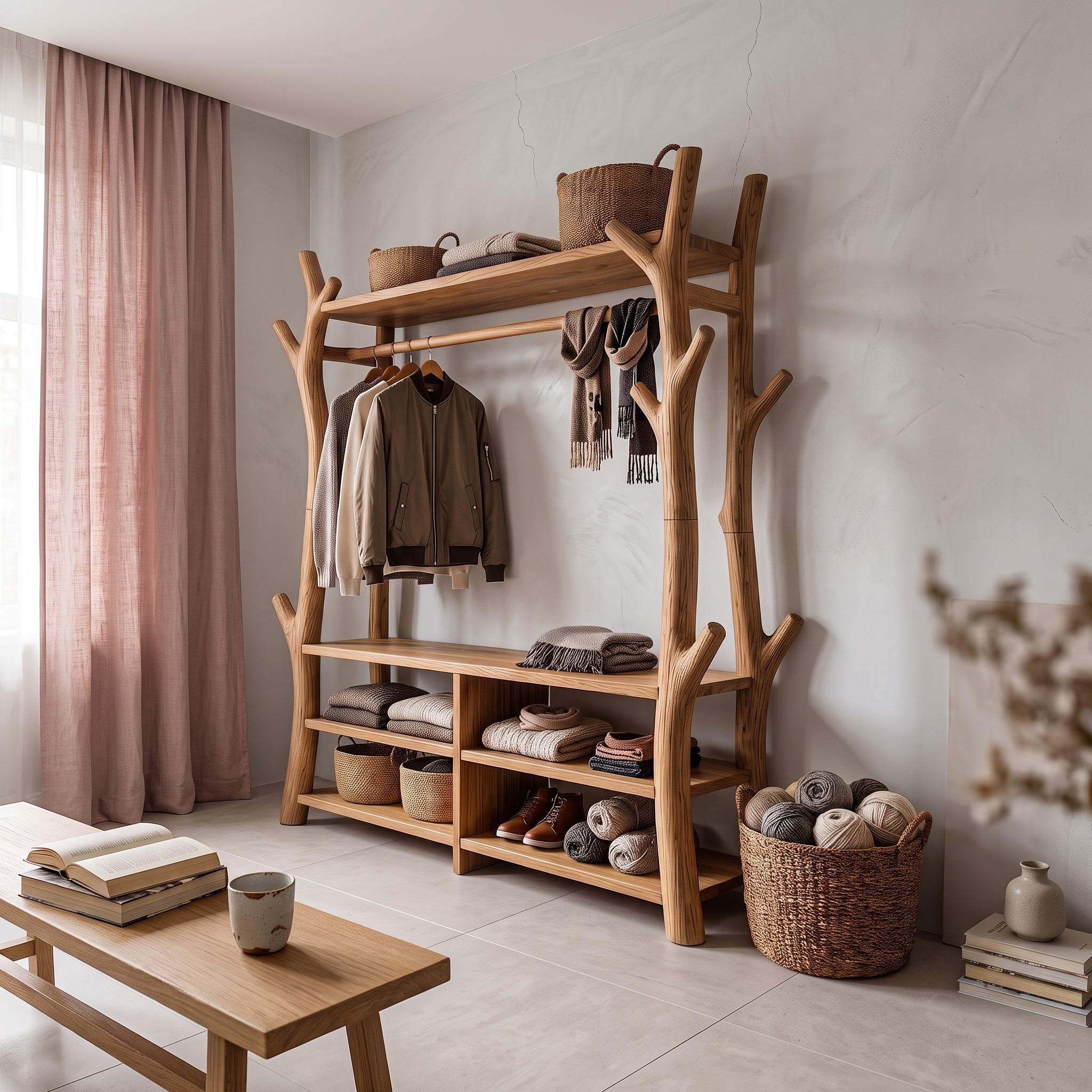Rustic Tree Coat Rack Shoe Bench Open Storage for Entryway Hallway