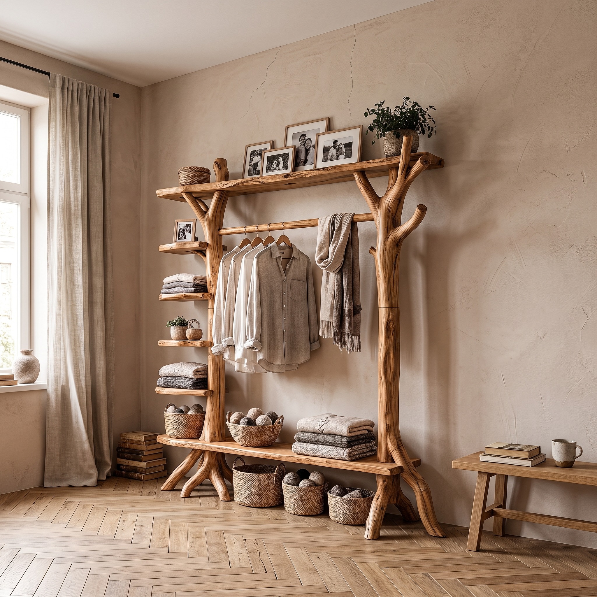 Rustic Tree Coat Rack Storage Organizer for Entryway Hallway