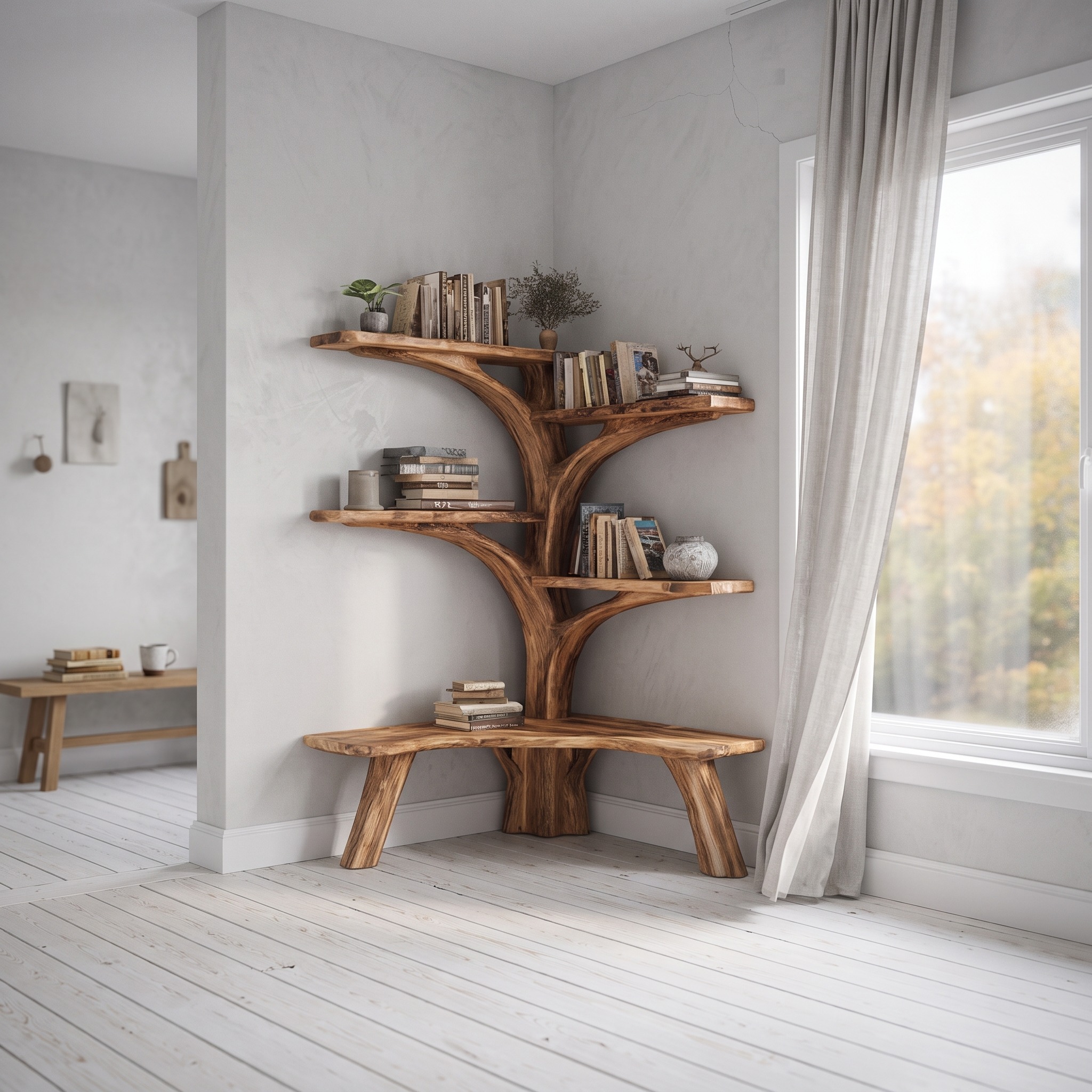 Rustic Tree Corner Bookshelf Bench Living Room
