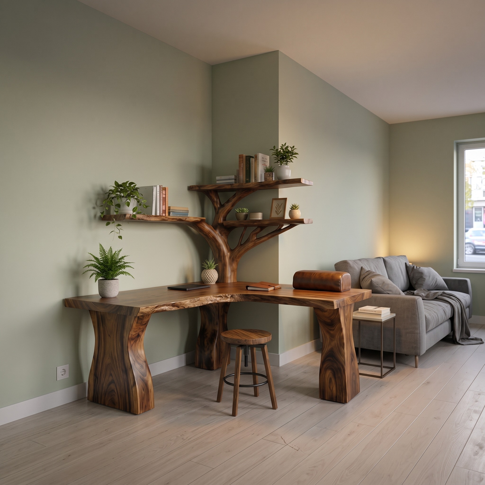 Rustic Tree Corner Desk for Home Office and Bedroom