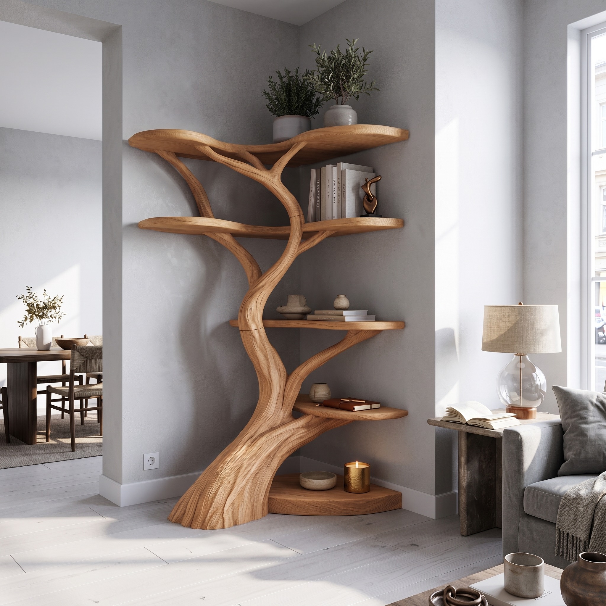 Rustic Tree Corner Shelf Living Room or Bedroom