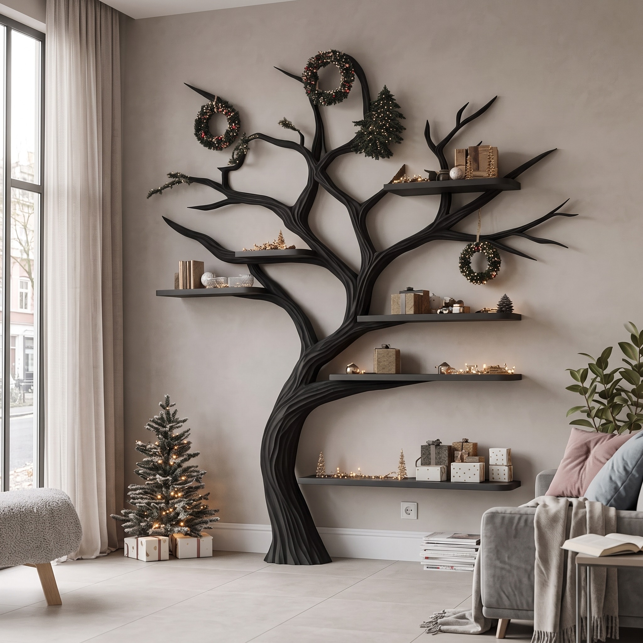 Rustic Tree Inspired Bookshelf Living Room Christmas Decor