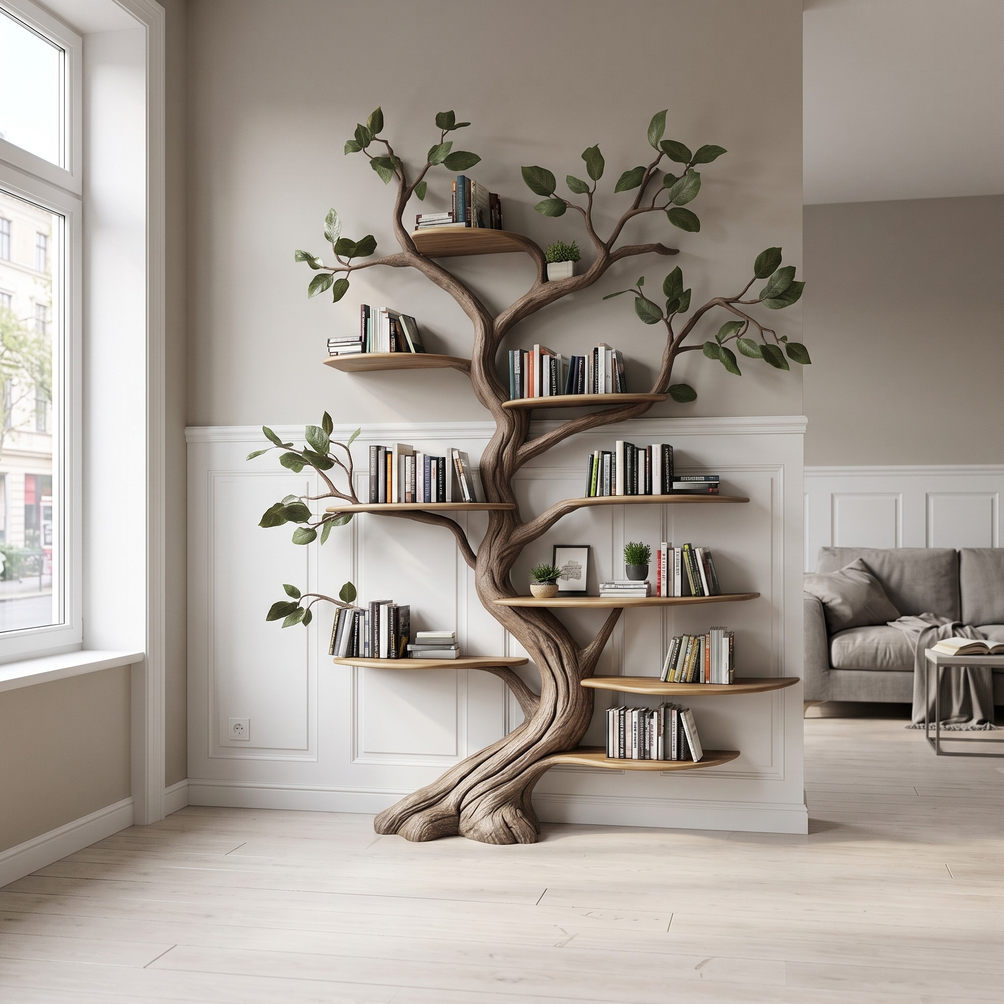 Rustic Tree Inspired Bookshelf Living Room Library Reading Corner