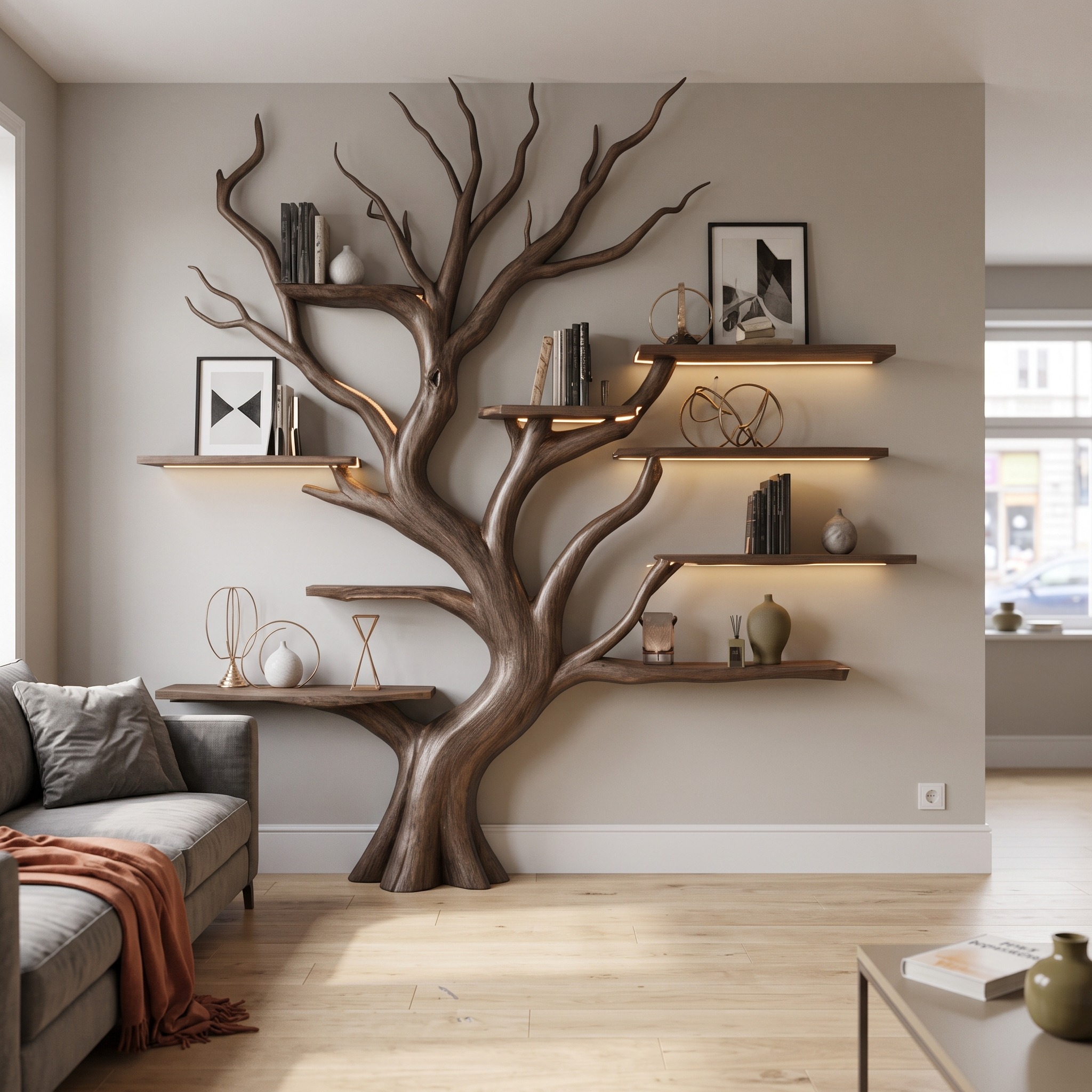 Rustic Tree Inspired Shelf Living Room Reading Nook Decor