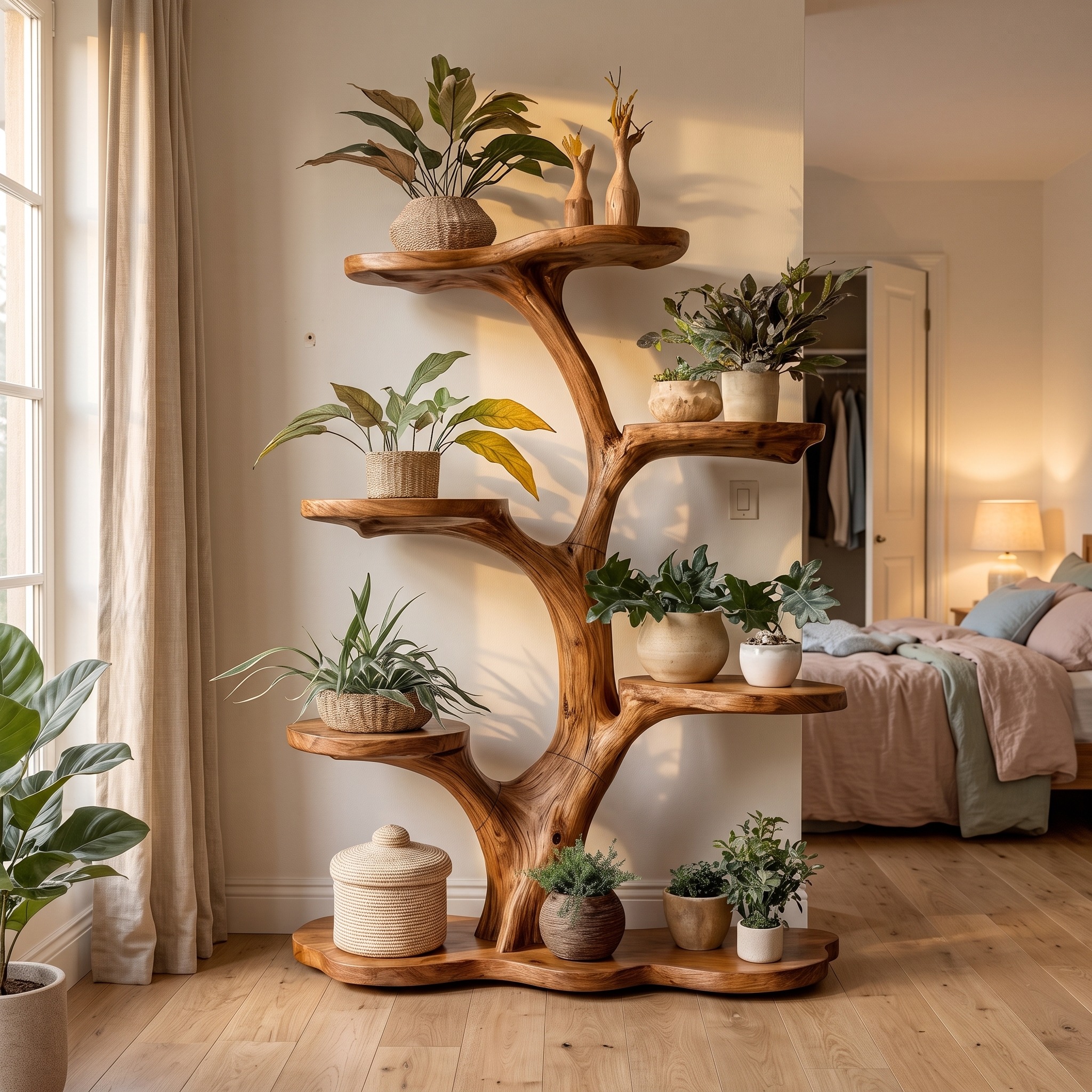 Rustic Tree Plant Shelf Indoor Green Display Living Room