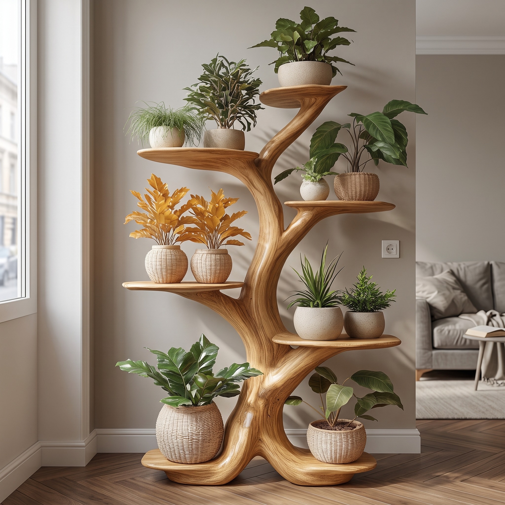 Rustic Tree Plant Shelf Organic Multi-Level Display Home Interior Decor