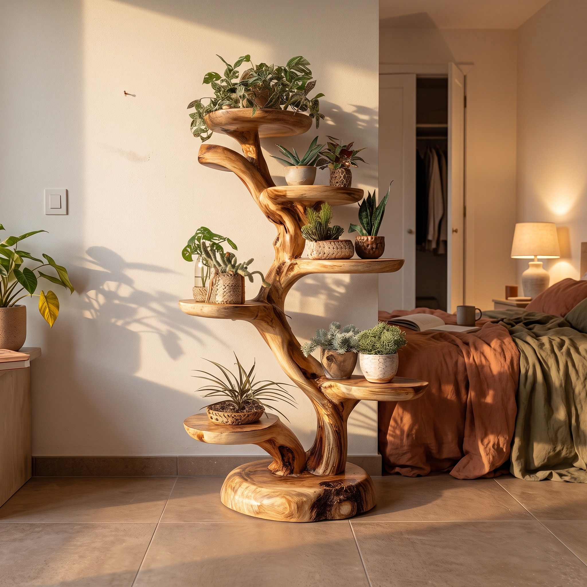Rustic Tree Plant Stand Botanical Living Room