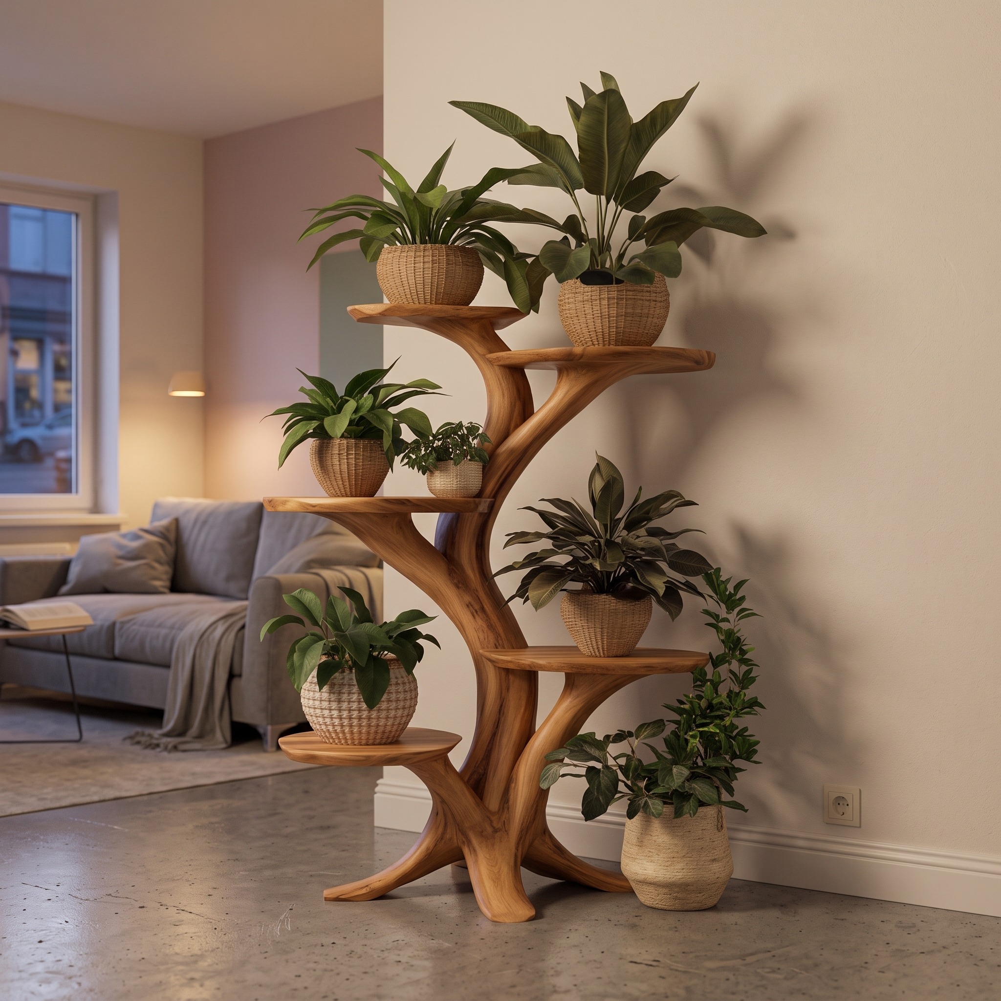 Rustic Tree Plant Stand Natural Interior Design Living Room