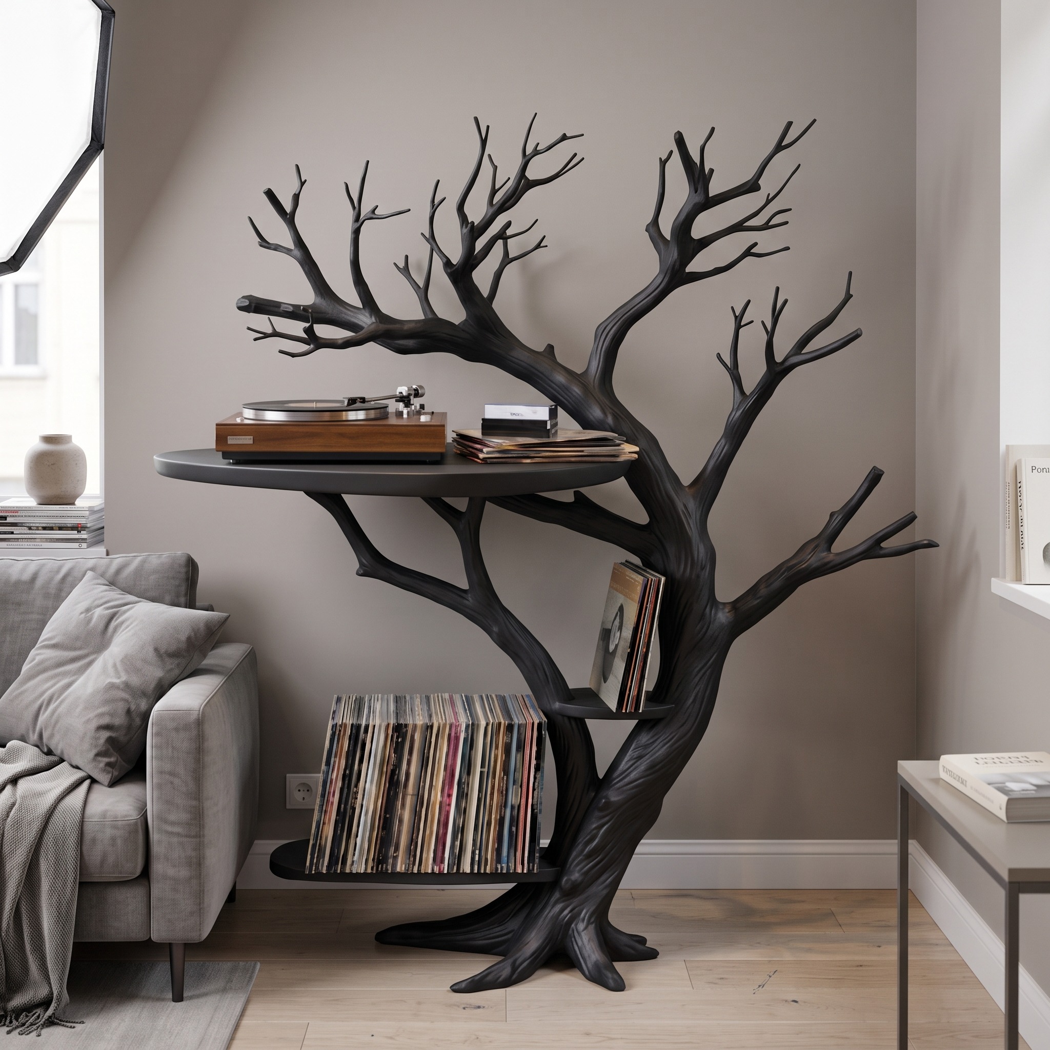 Rustic Tree Shaped Record Player Stand Shelf Living Room Decor