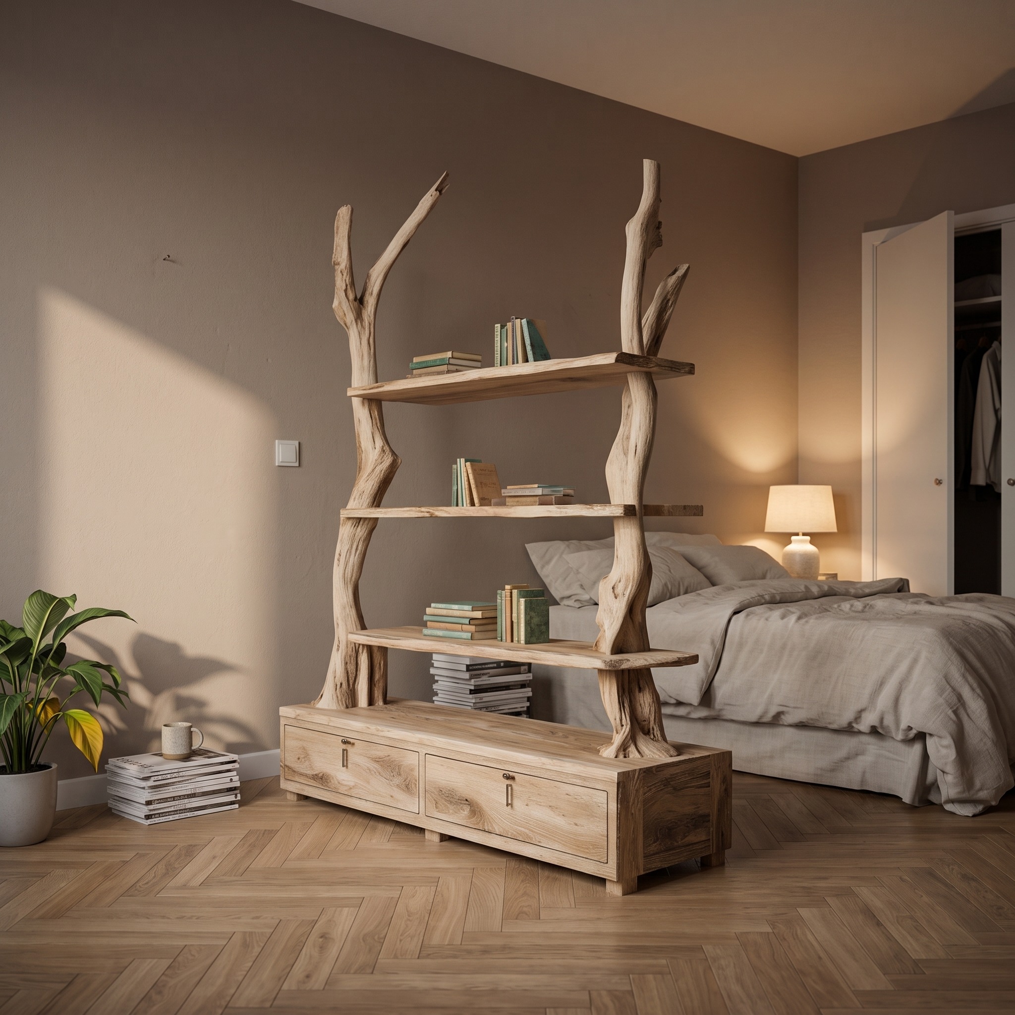 Rustic Tree Shelf Cabinet Bedroom