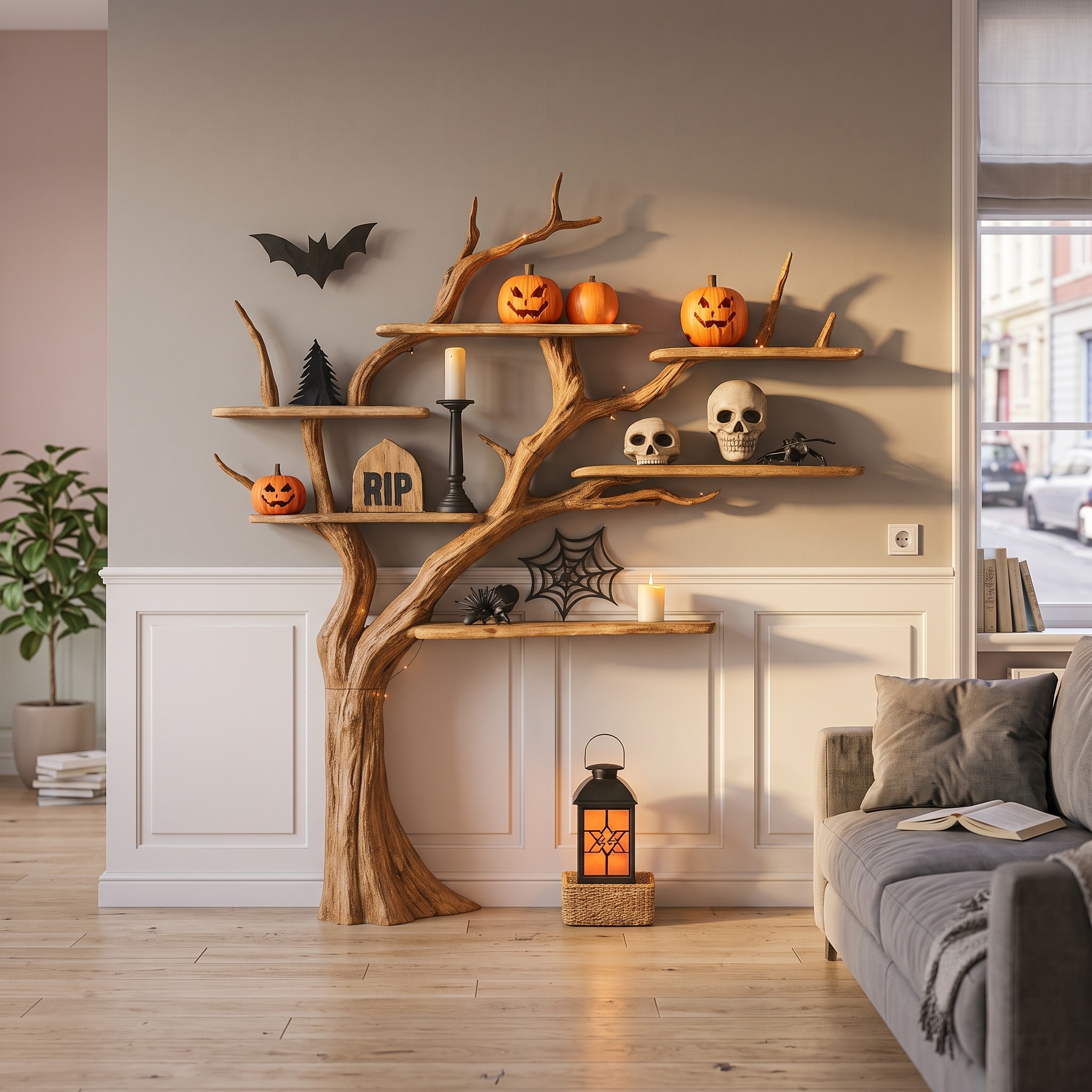 Rustic Tree Shelf Living Room Halloween