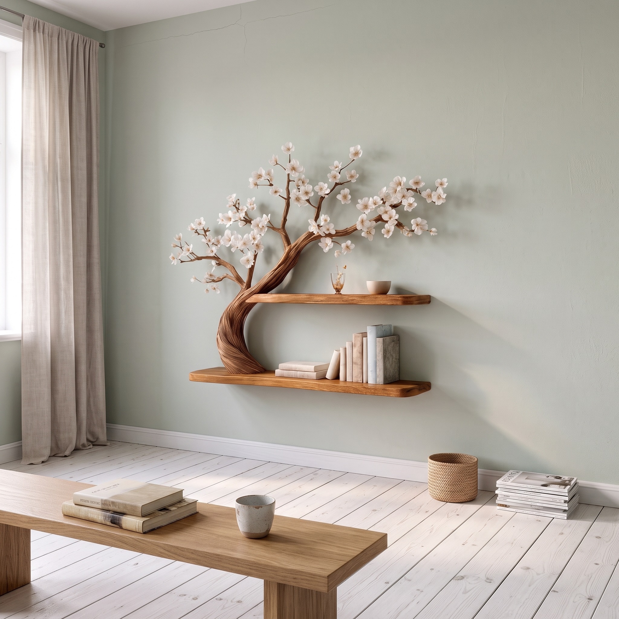Rustic Tree Shelf Wall Mounted Bookcase for Living Room Decor