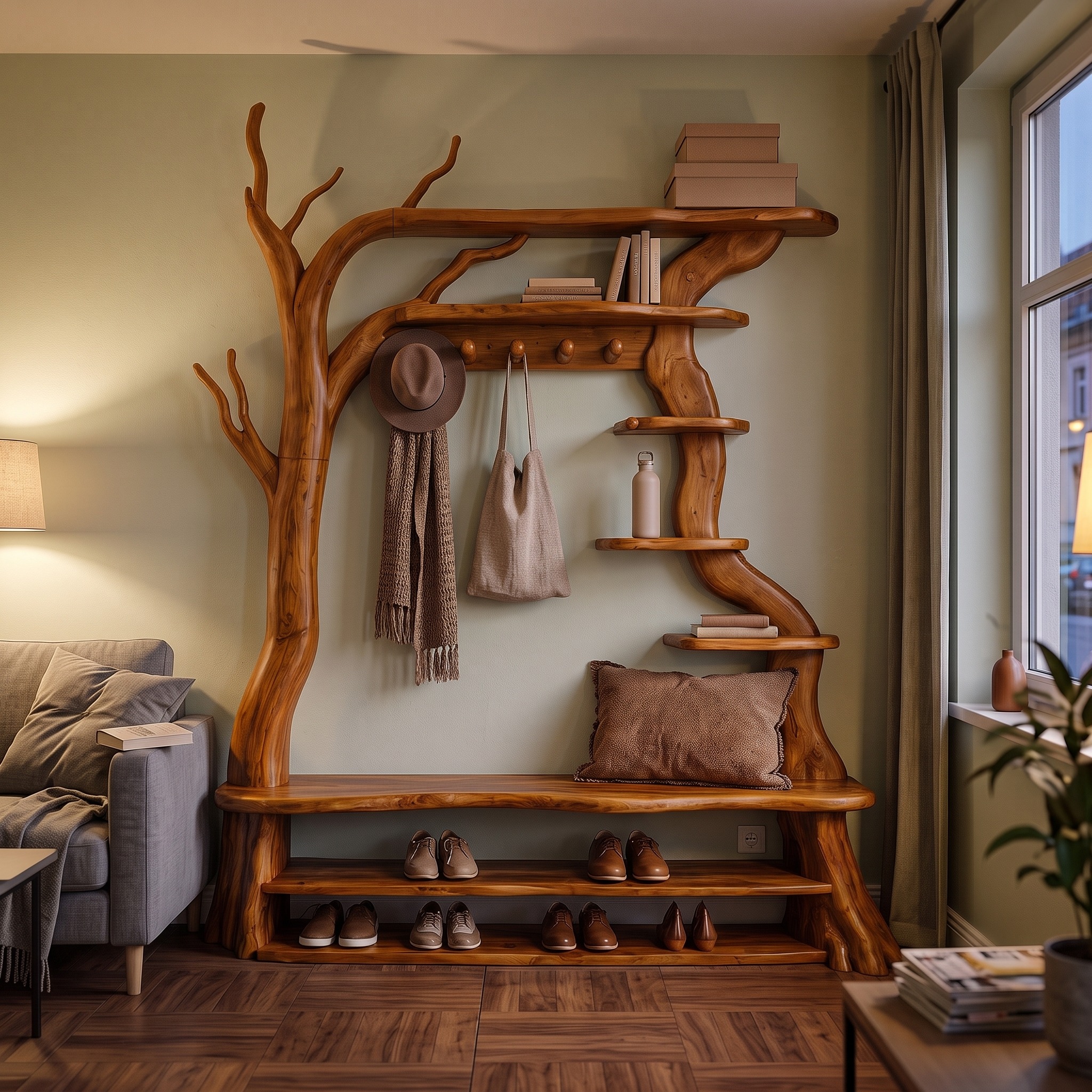 Rustic Tree Shoe Bench Coat Rack Storage Organizer for Entryway Hallway