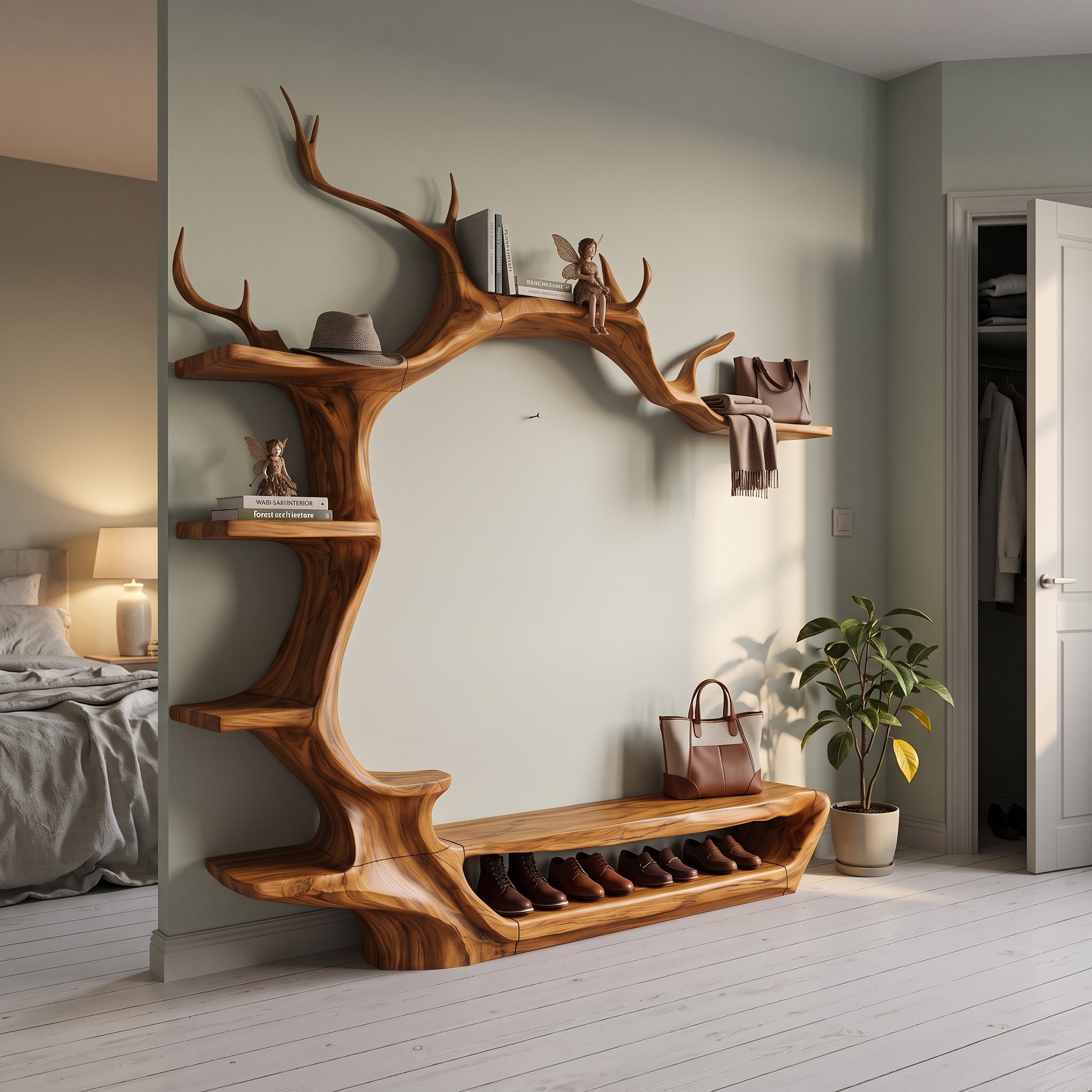 Rustic Tree Shoe Bench Wall Mounted Coat Rack for Entryway Hallway