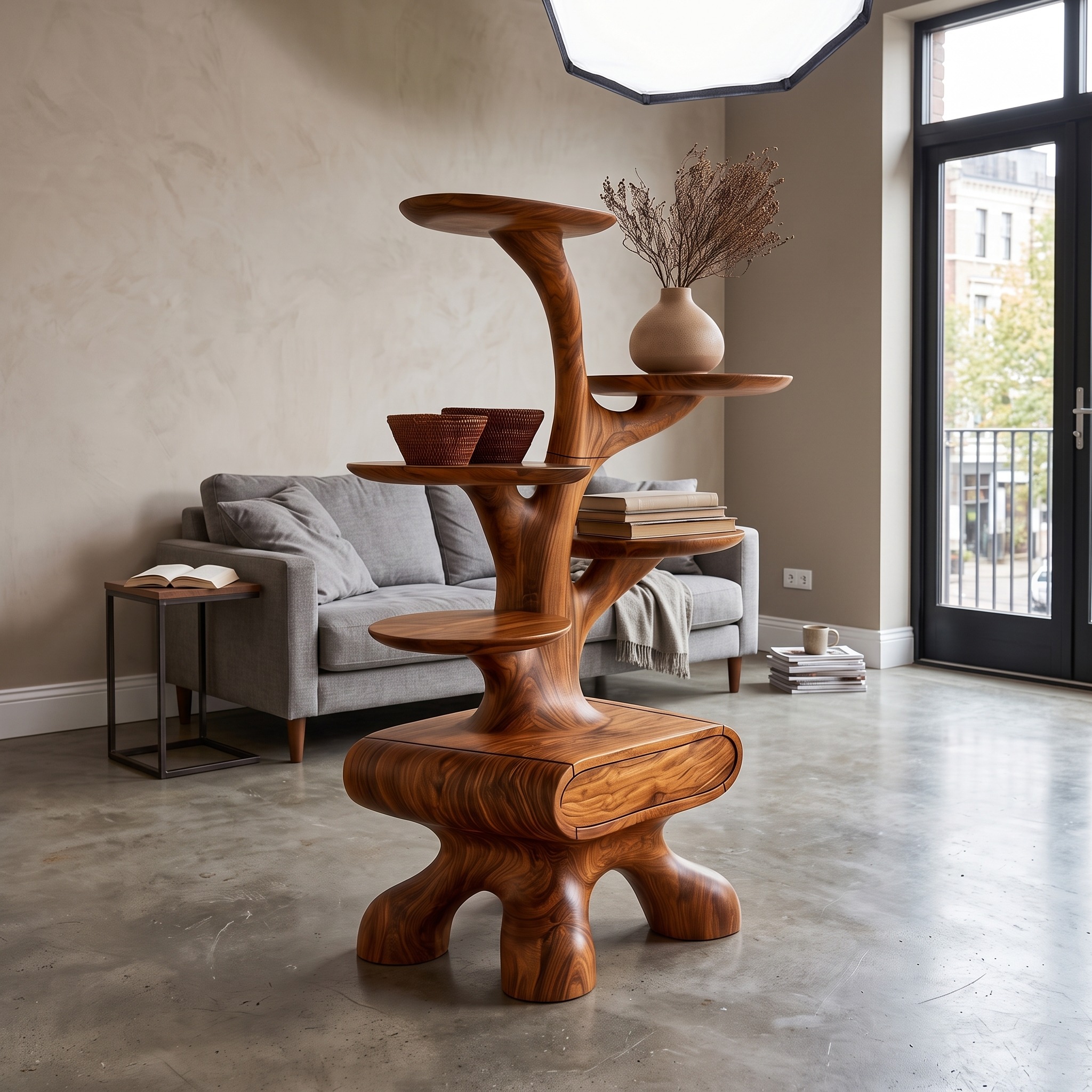 Rustic Tree Side Table with Tiered Display Shelves for Living Room