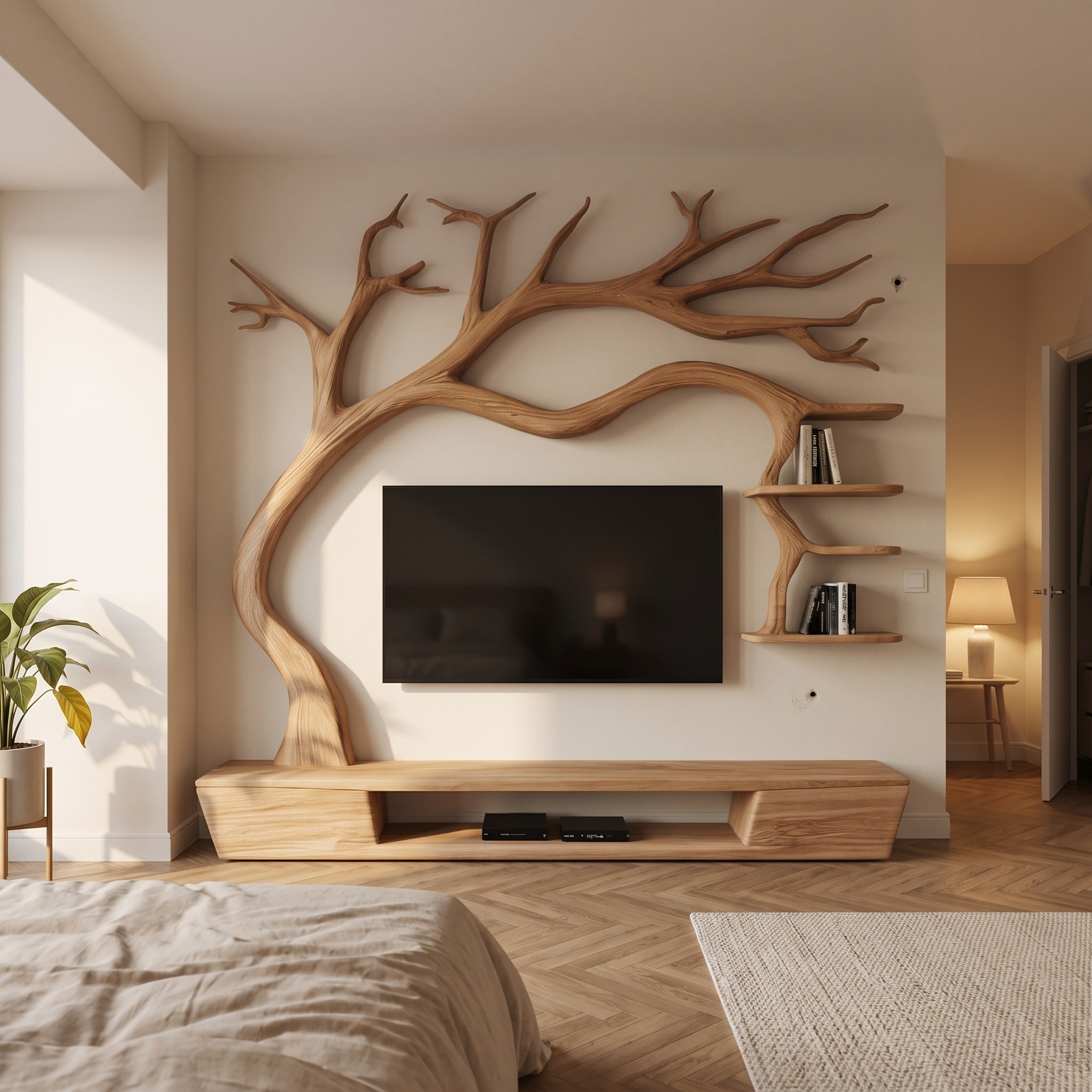 Rustic Tree TV Cabinet Living Room Bedroom Wall Unit