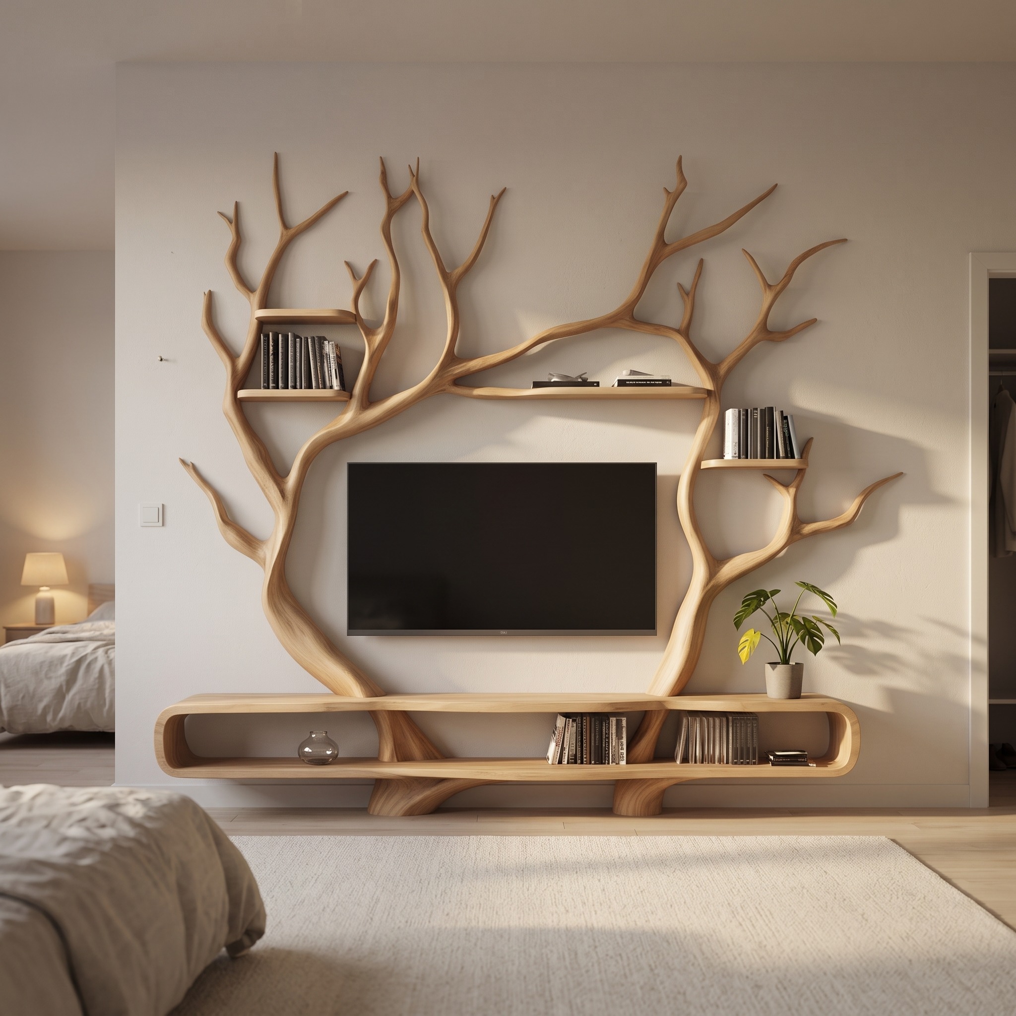 Rustic Tree TV Cabinet Living Room Wall Unit Gift