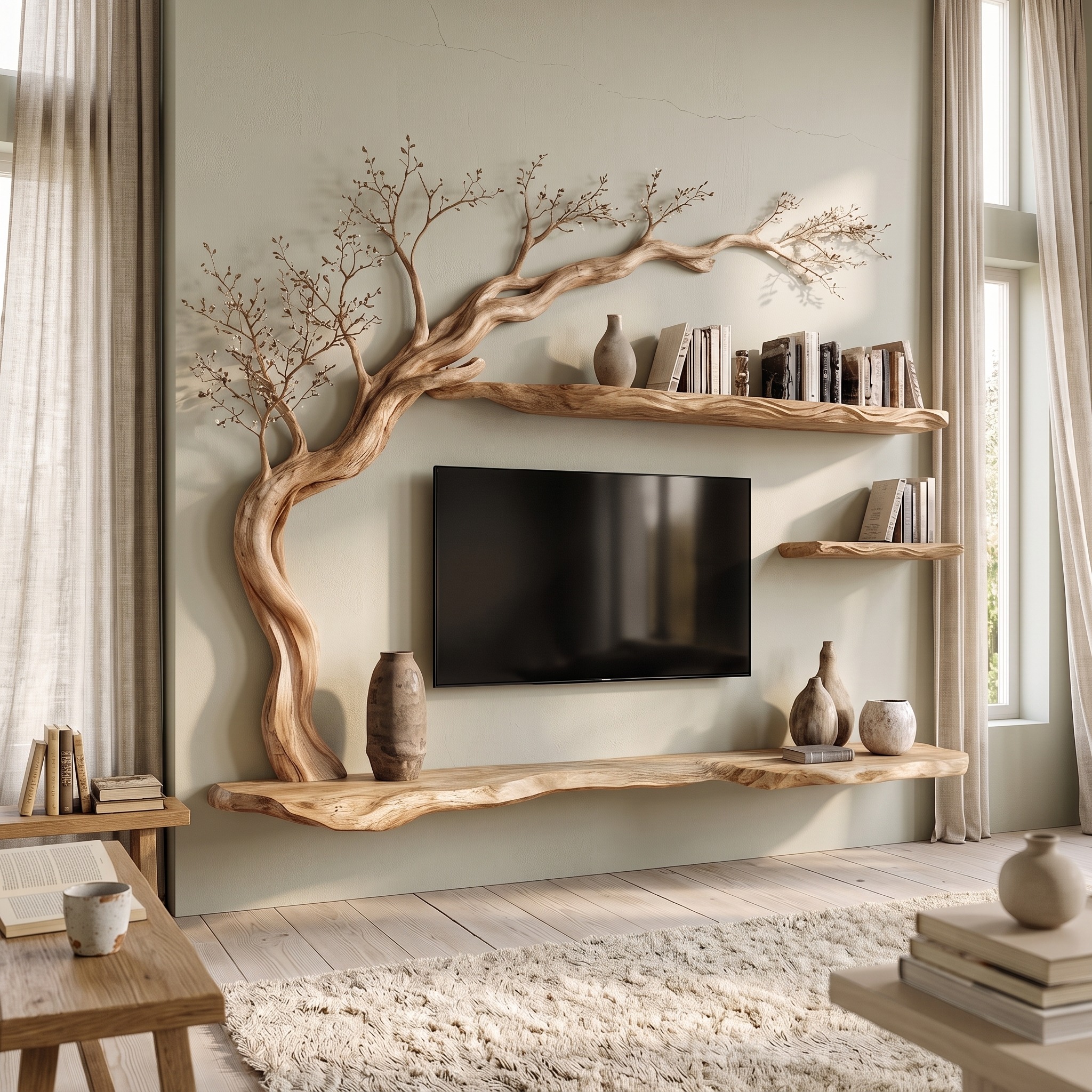 Rustic Tree TV Wall Shelf for Living Room and Lounge