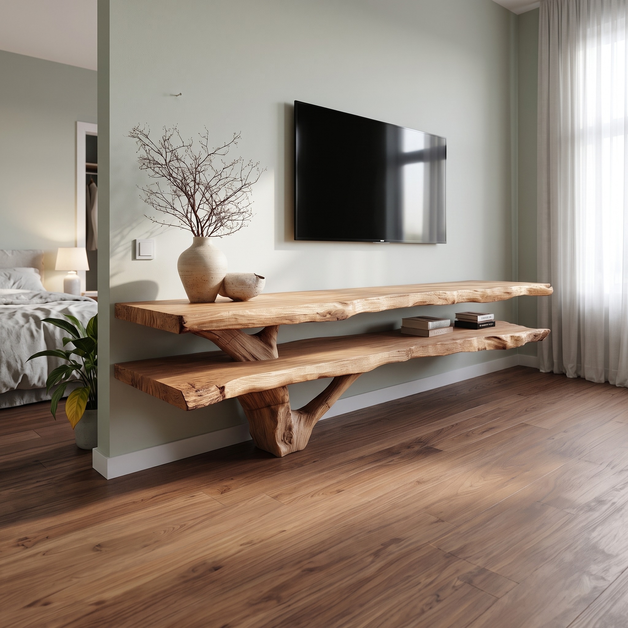 Rustic TV Console Table Live Edge Double Shelf Living Room