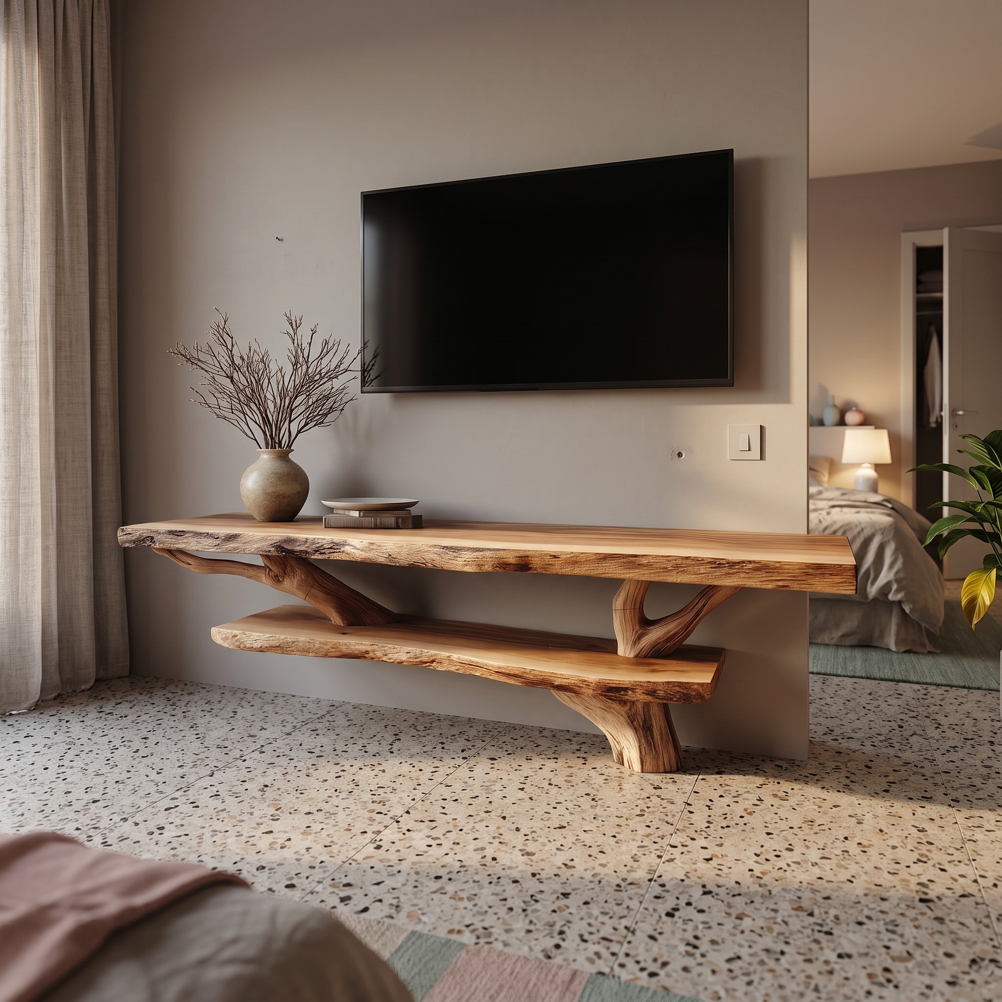 Rustic TV Console Table Live Edge Double Tier Living Room
