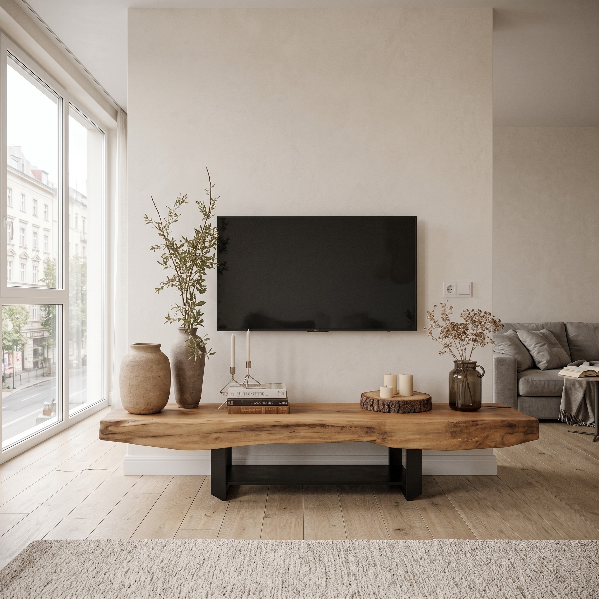 Rustic TV Shelf with Metal Legs for Minimalist Living Room