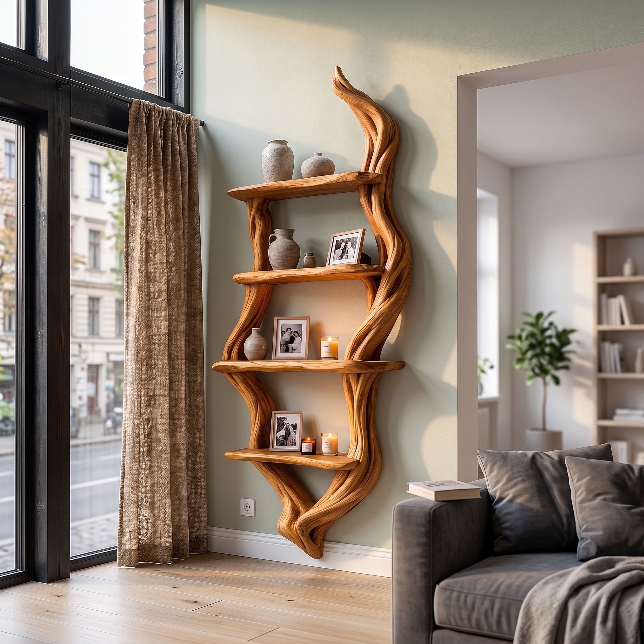 Rustic Wall Bookshelf Handcrafted Tree Branch Design for Living Room