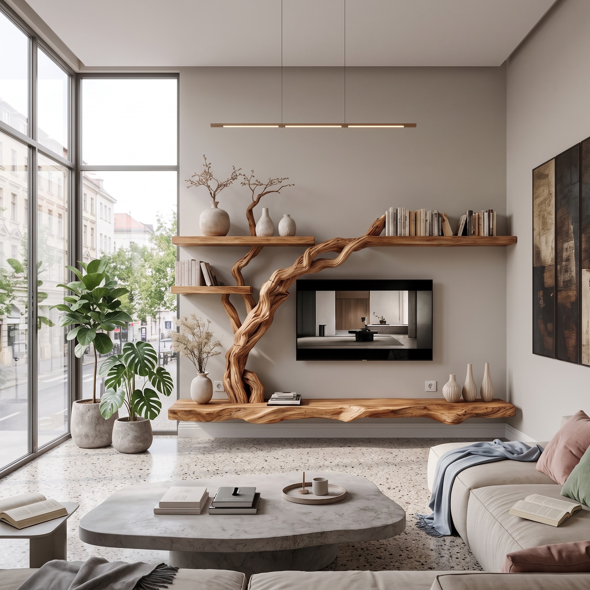 Rustic Wall Mounted TV Stand with Natural Wood Design for Living Room