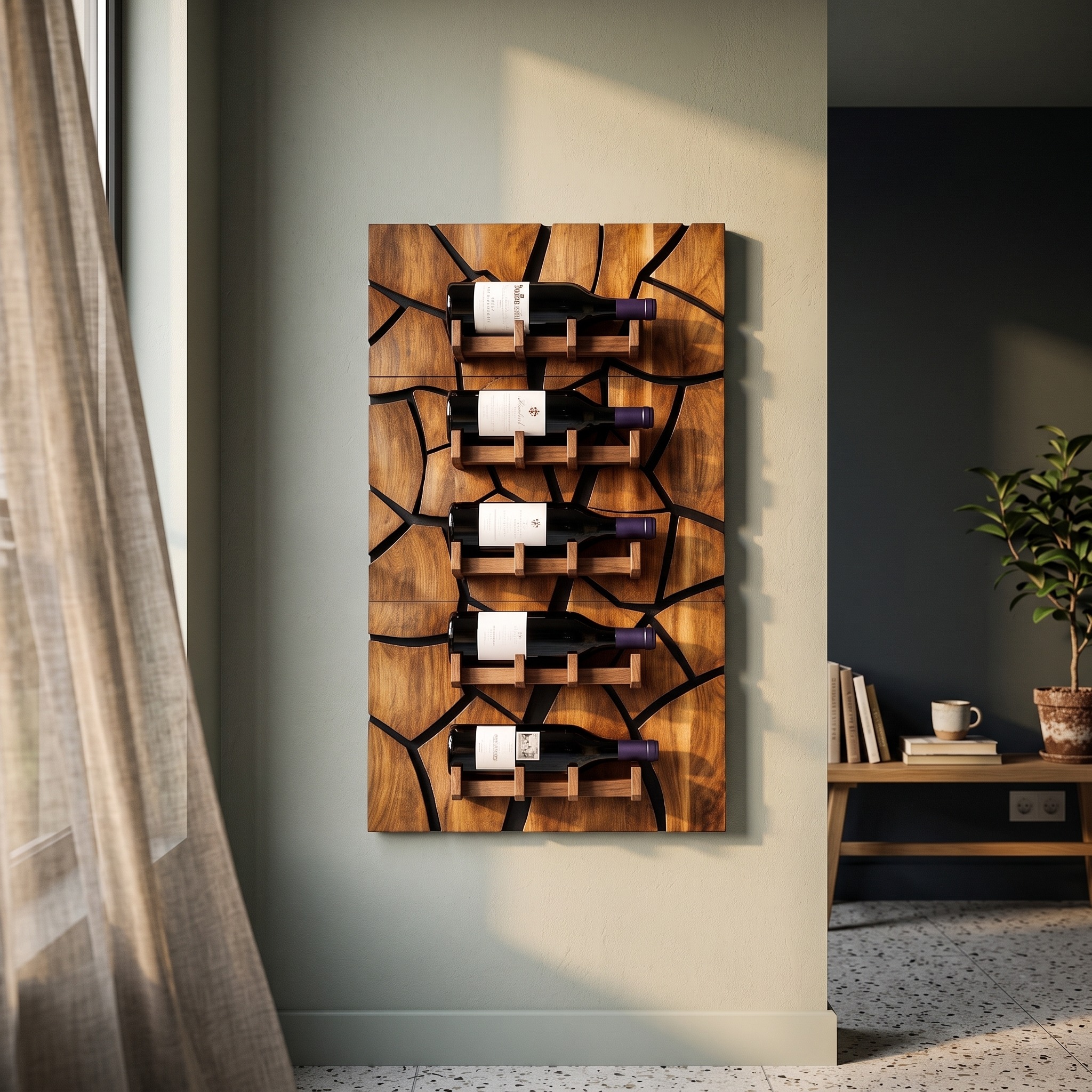 Rustic Wall Mounted Wine Holder with Geometric Bottle Display for Dining Room