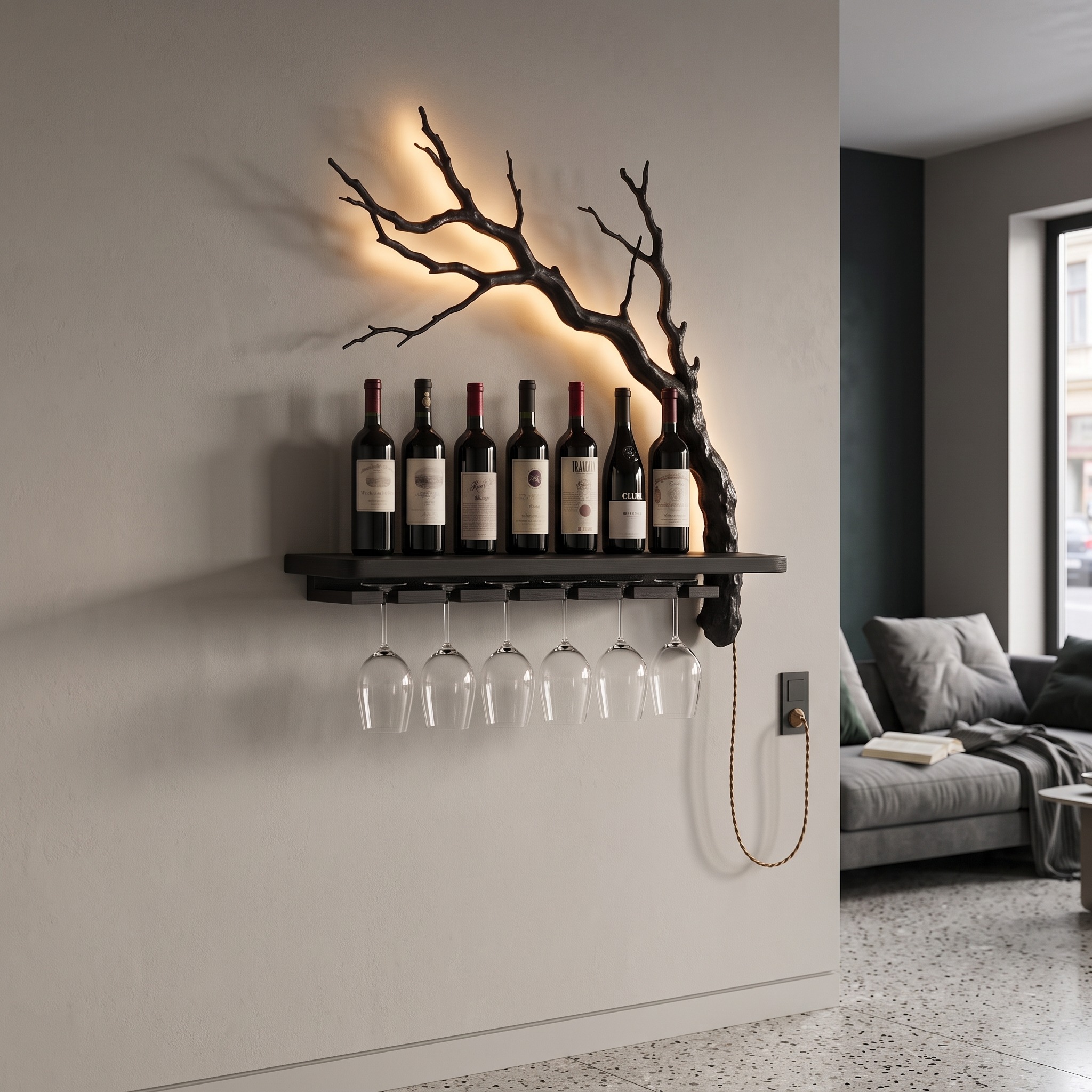 Rustic Wall Mounted Wine Rack with Wine Glass Holder for Dining Room and Home Bar