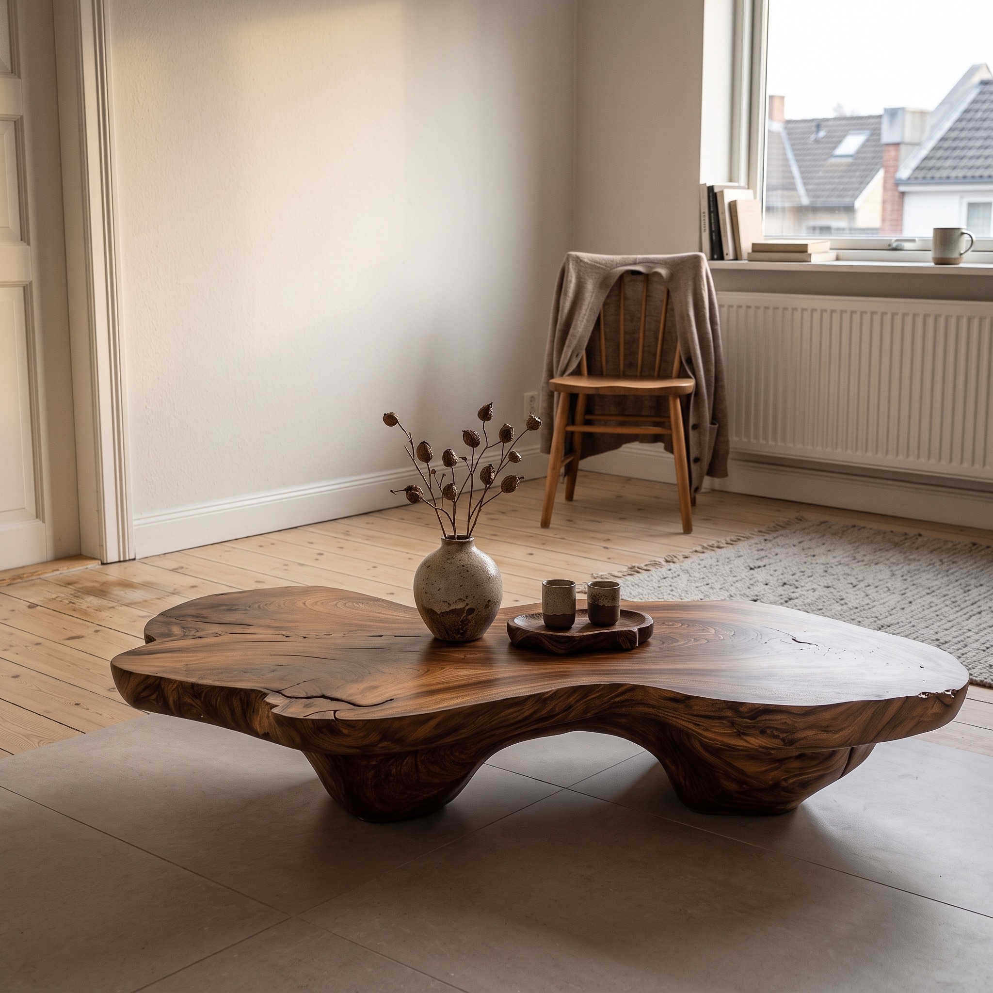 Rustic Walnut Coffee Table with Freeform Live Edge Top for Living Room