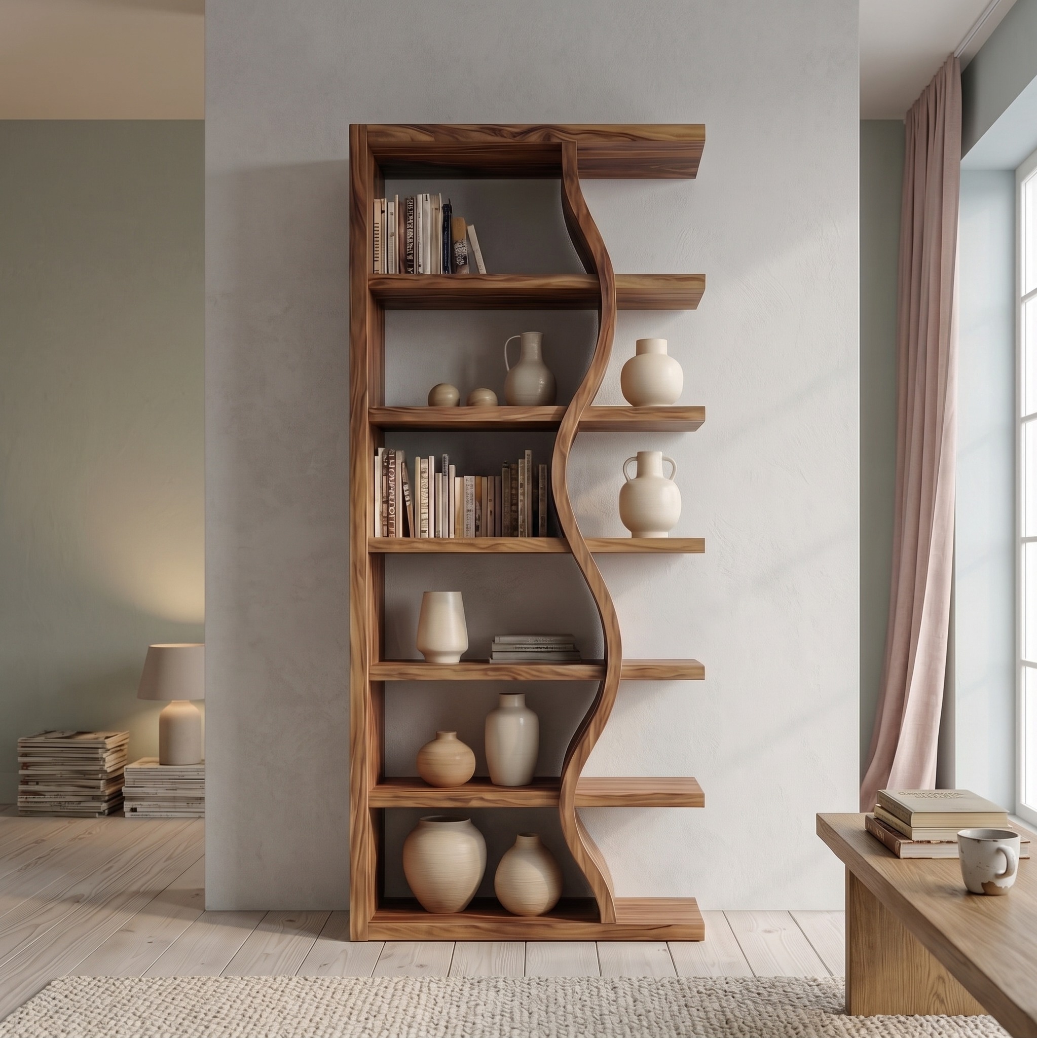 Rustic Wave Bookshelf for Living Room and Studio