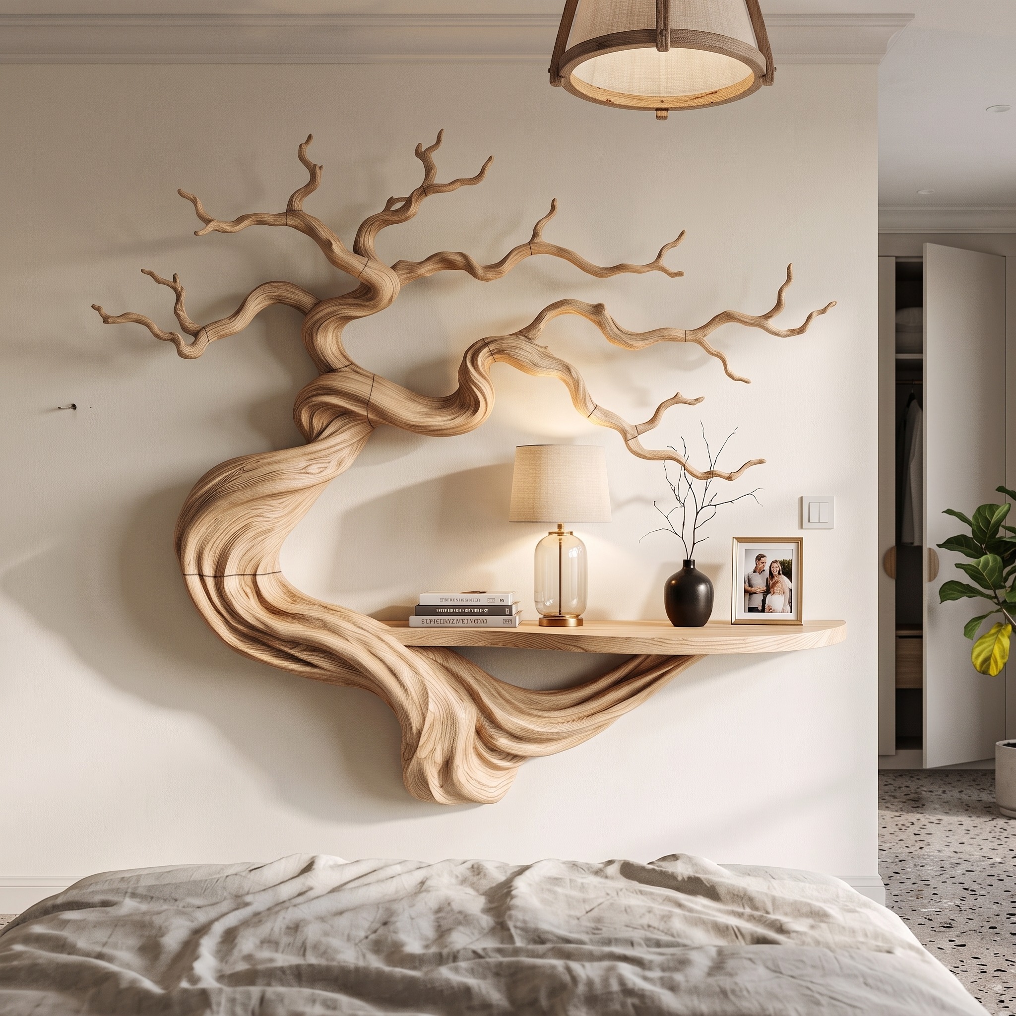 Rustic Wood Bookshelf with Sculptural Tree Branch Design for Reading Room