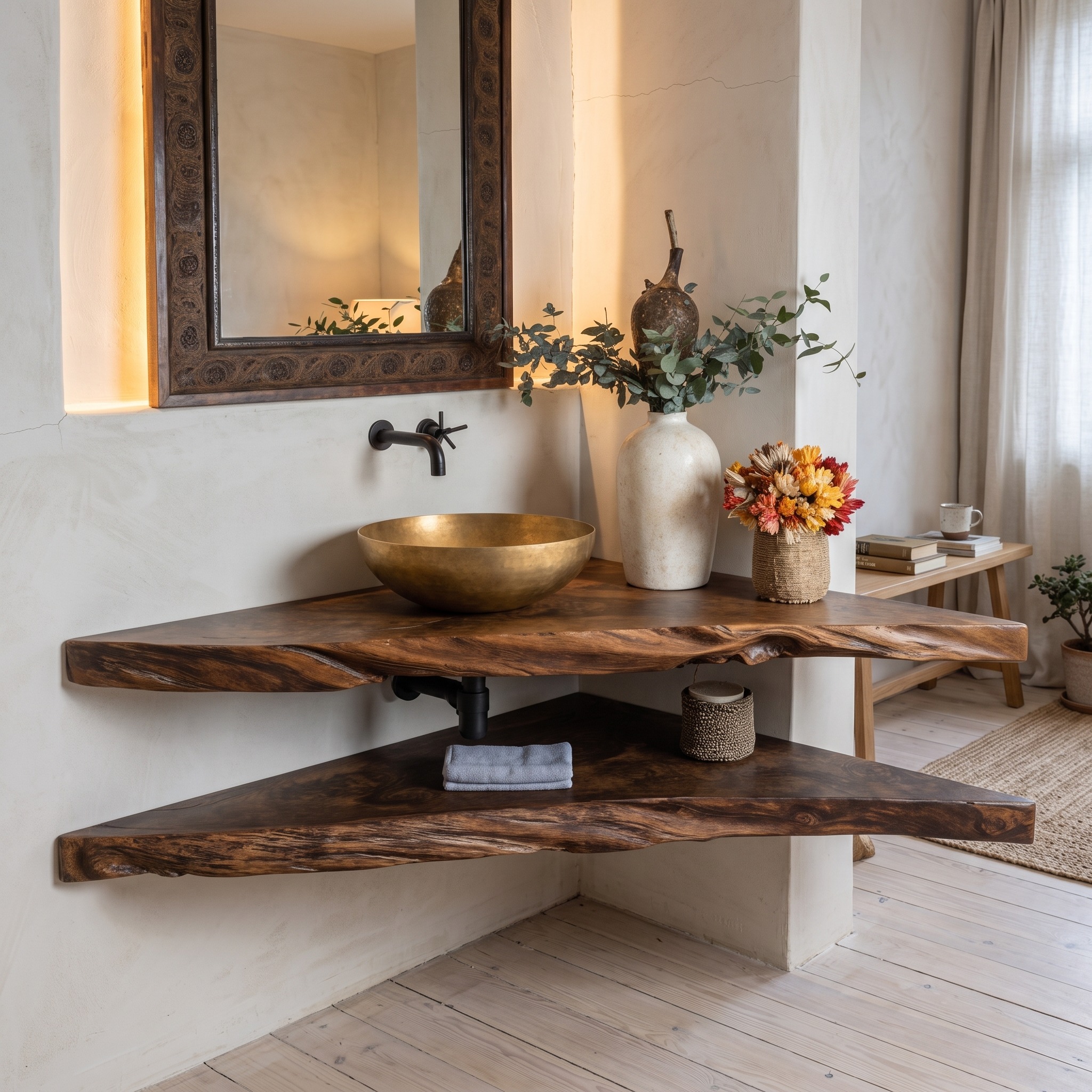 Rustic Wood Corner Bathroom Vanity Shelf