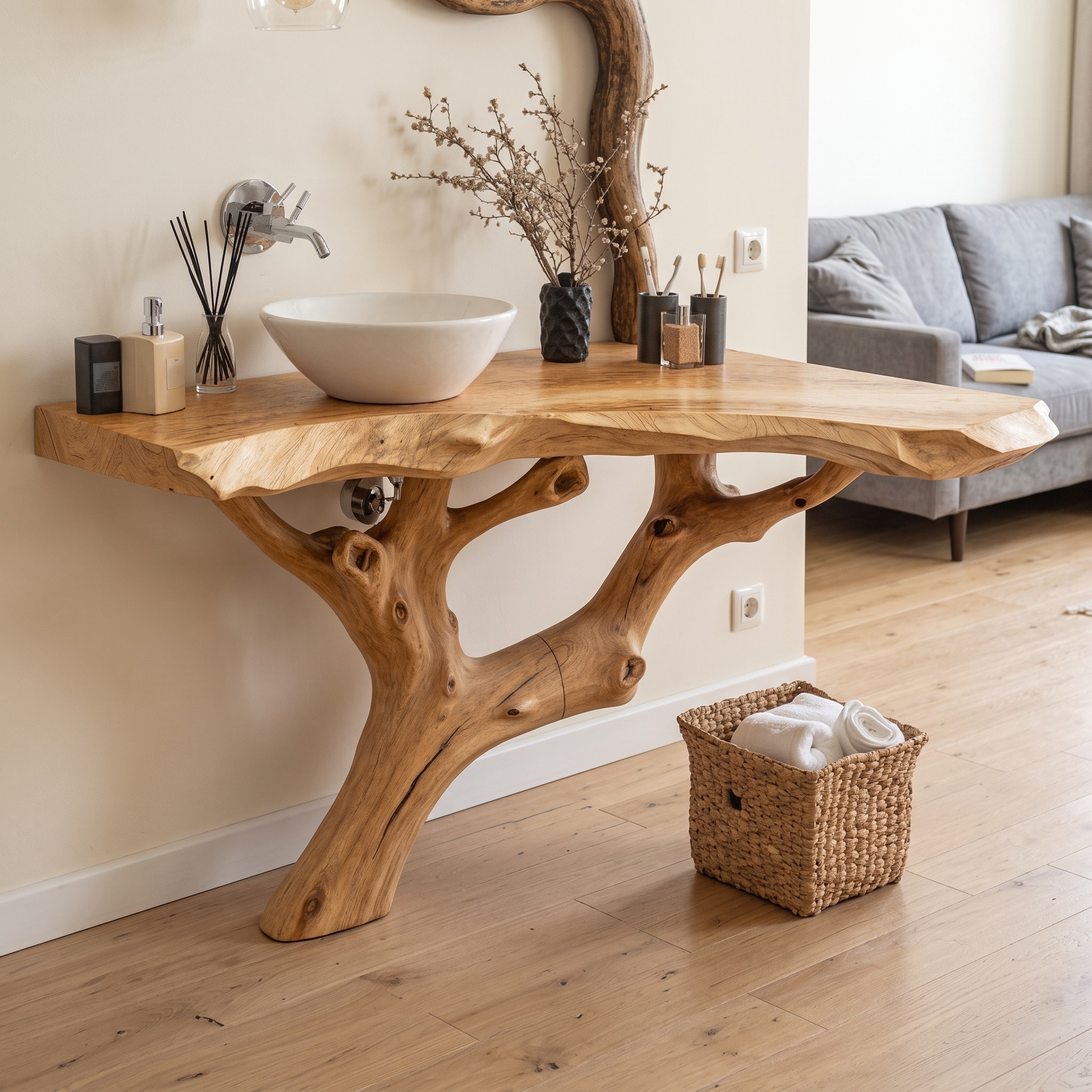 Rustic Wood Corner Bathroom Vanity with Natural Finish