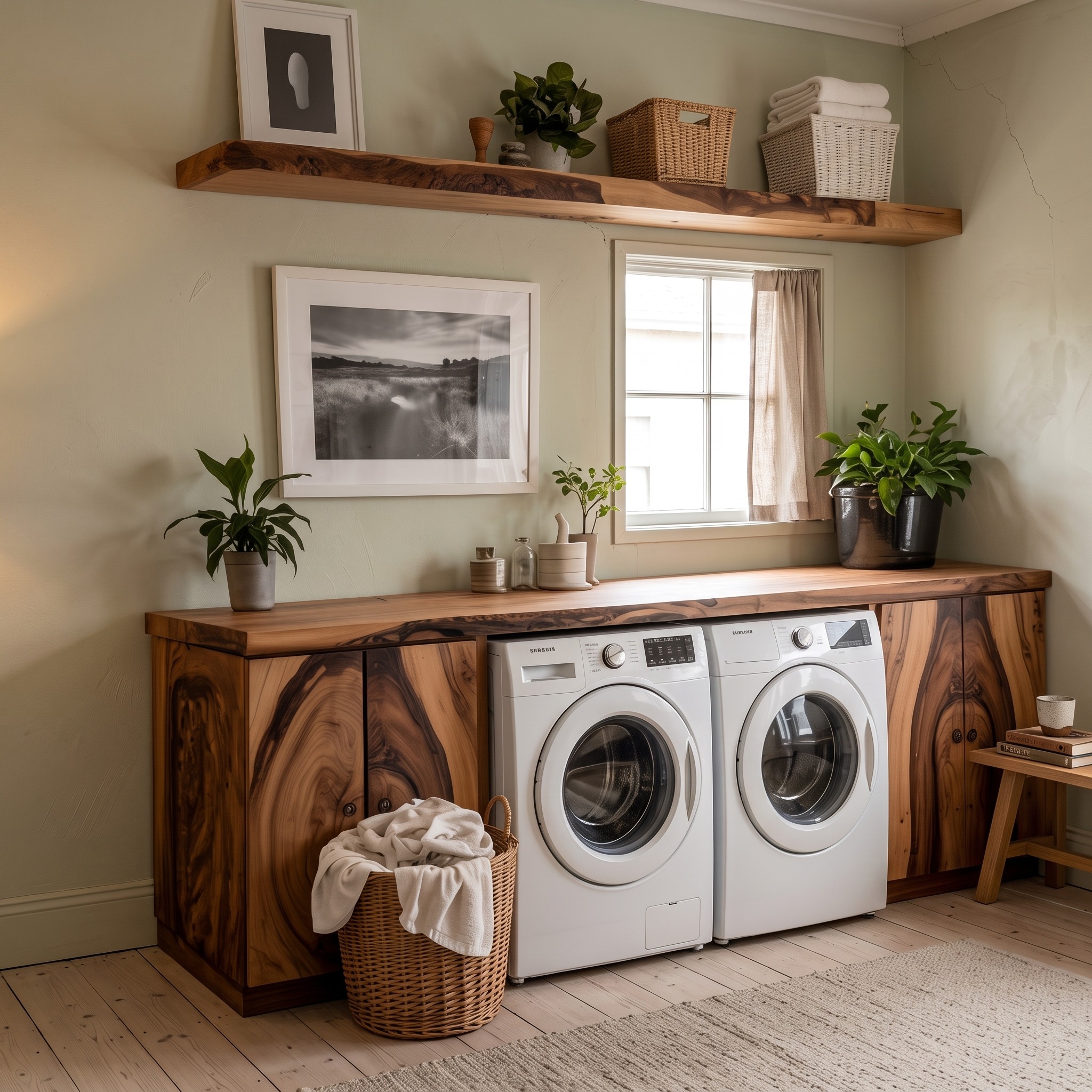 Rustic Wood Laundry Cabinet for Washer and Dryer with Natural Shelf Accent
