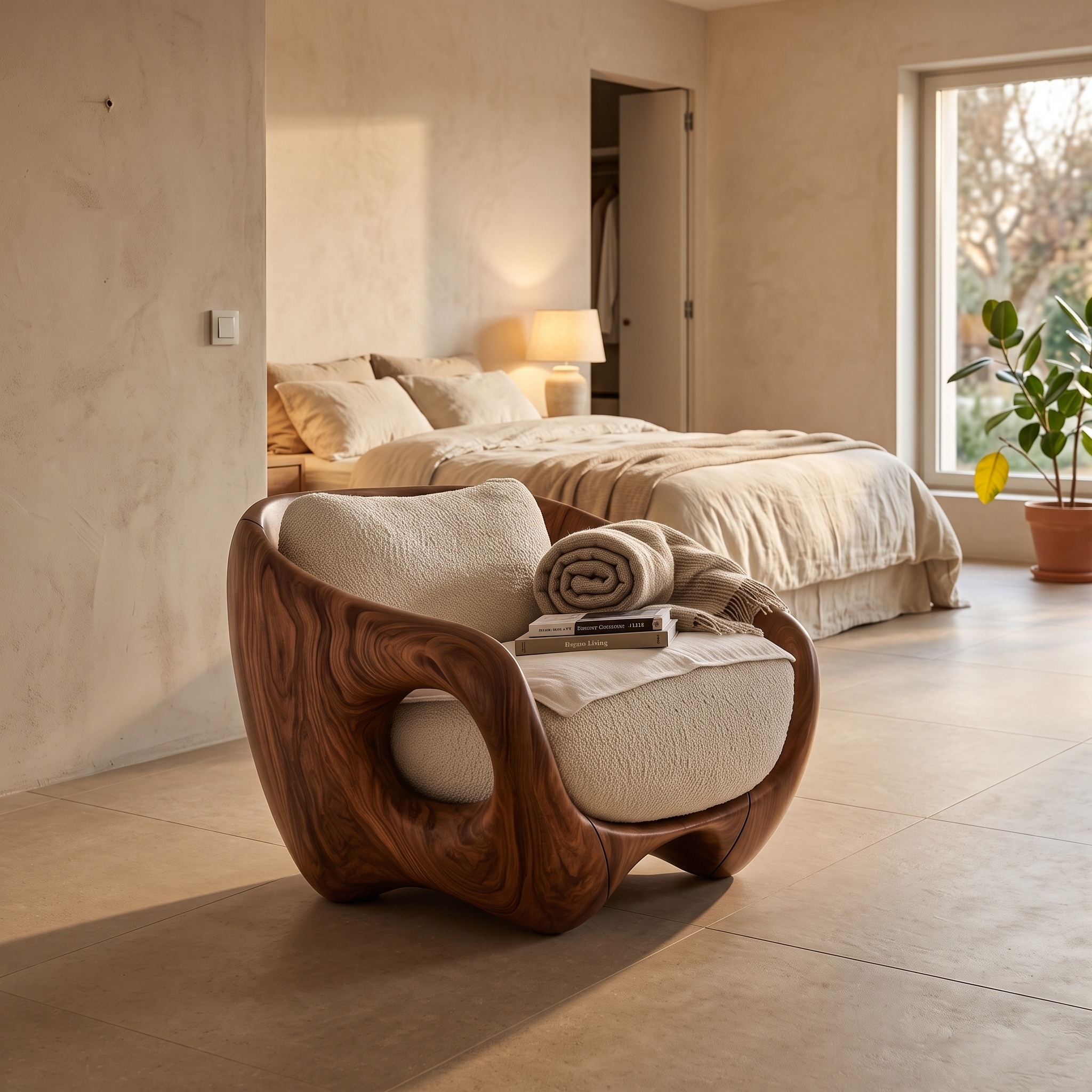 Rustic Wood Lounge Chair with Wraparound Backrest for Reading Nook