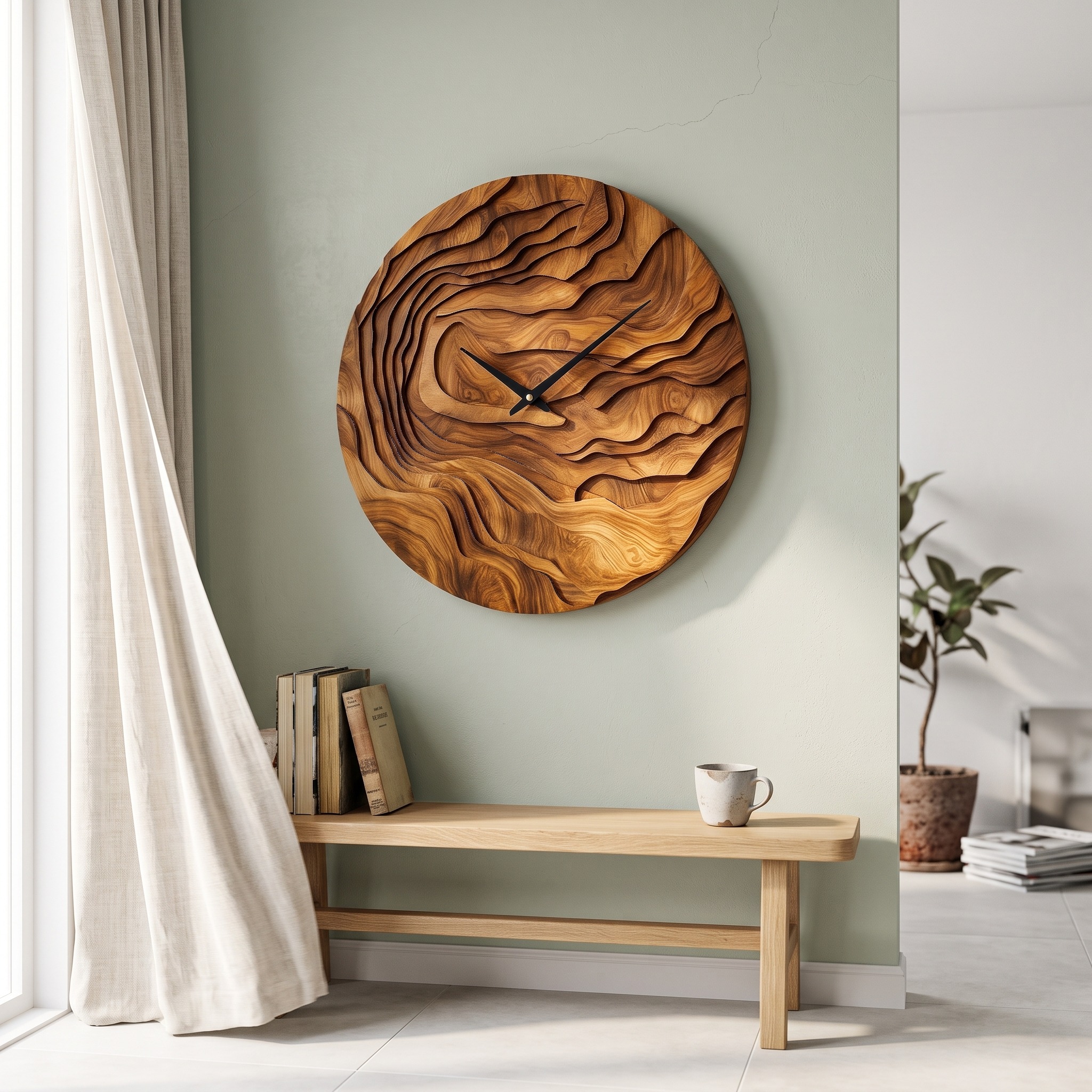 Rustic Wood Wall Clock with Hand Carved Organic Pattern for Living Room