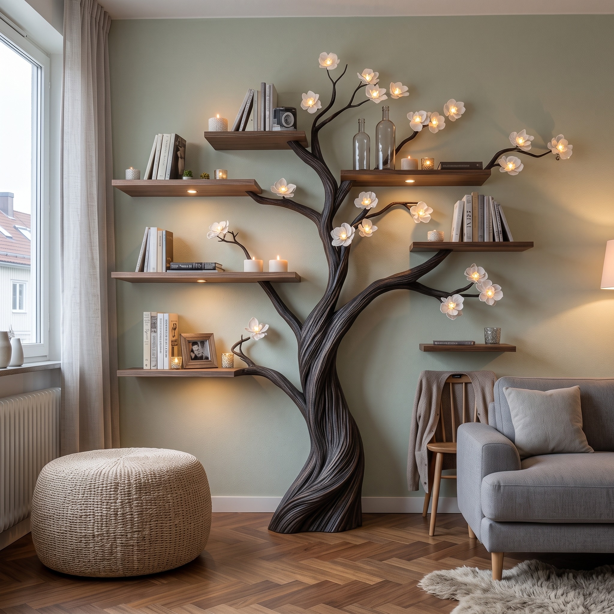 Rustic Wood Wall Mounted Tree Bookcase Decor Home Gift
