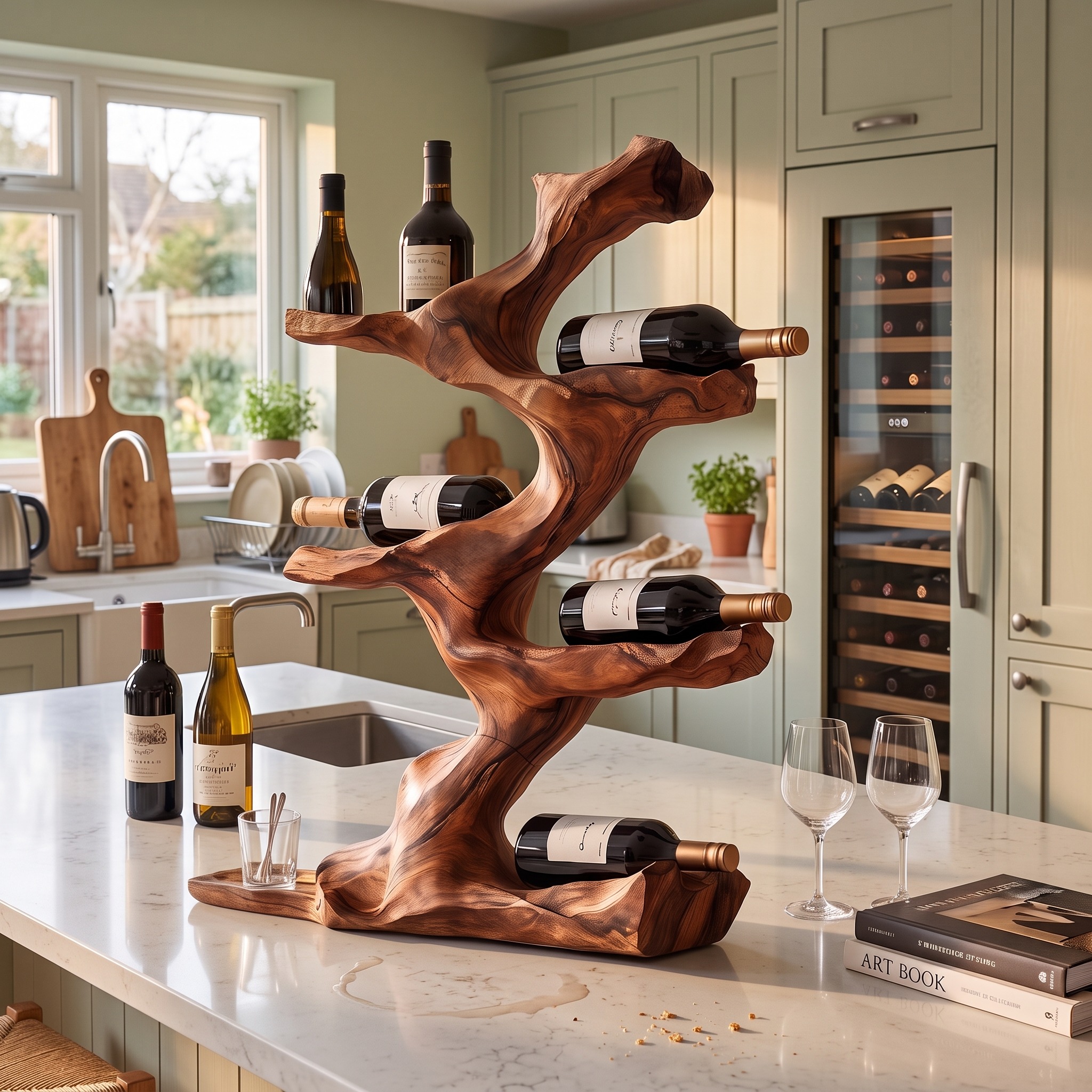 Rustic Wood Wine Holder, Handcrafted Countertop Wine Bottle Rack Stand, Decorative Wooden Display Shelf for Living Room Home Bar