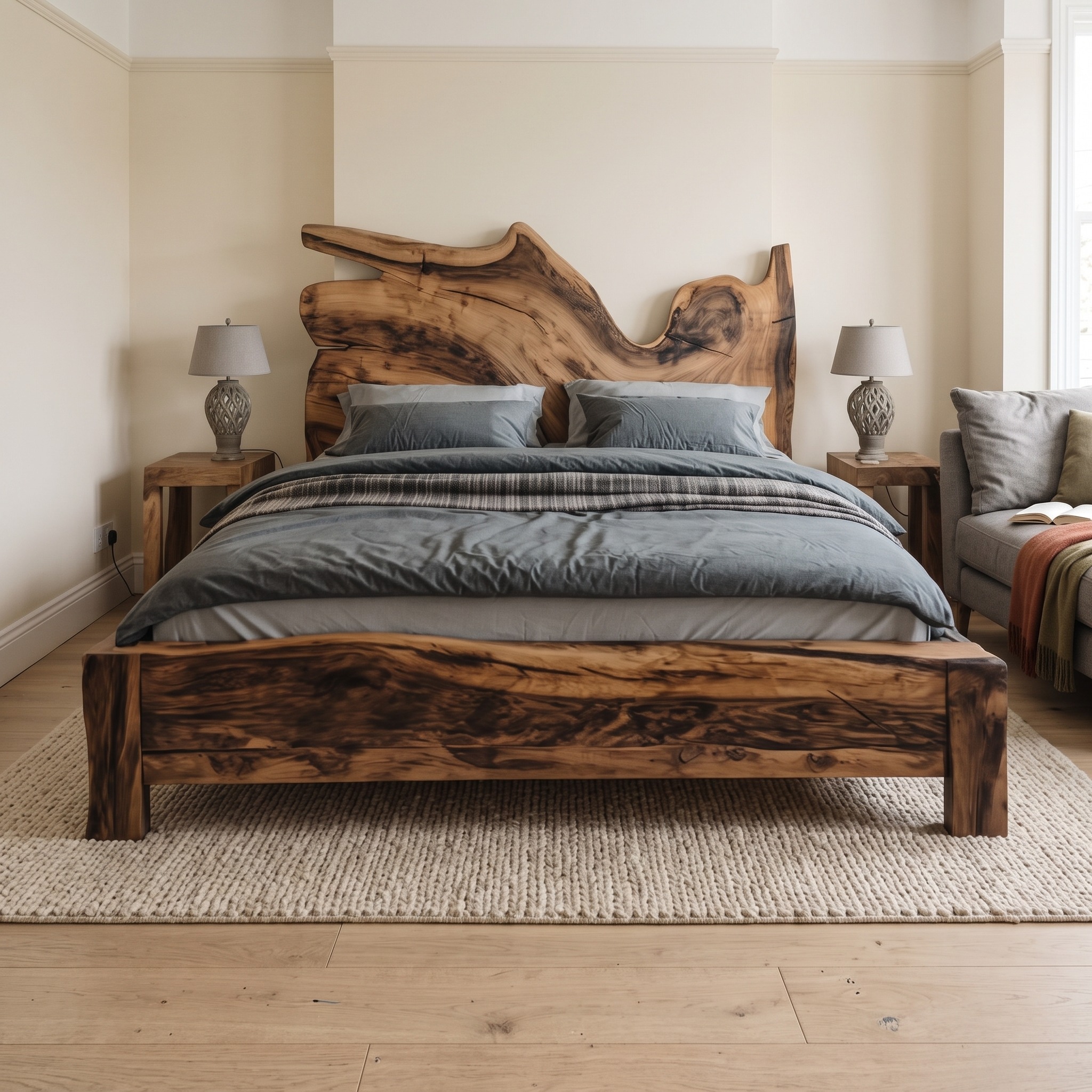 Rustic Wooden Bed Frame and Headboard for Bedroom with Unique Live Edge Features