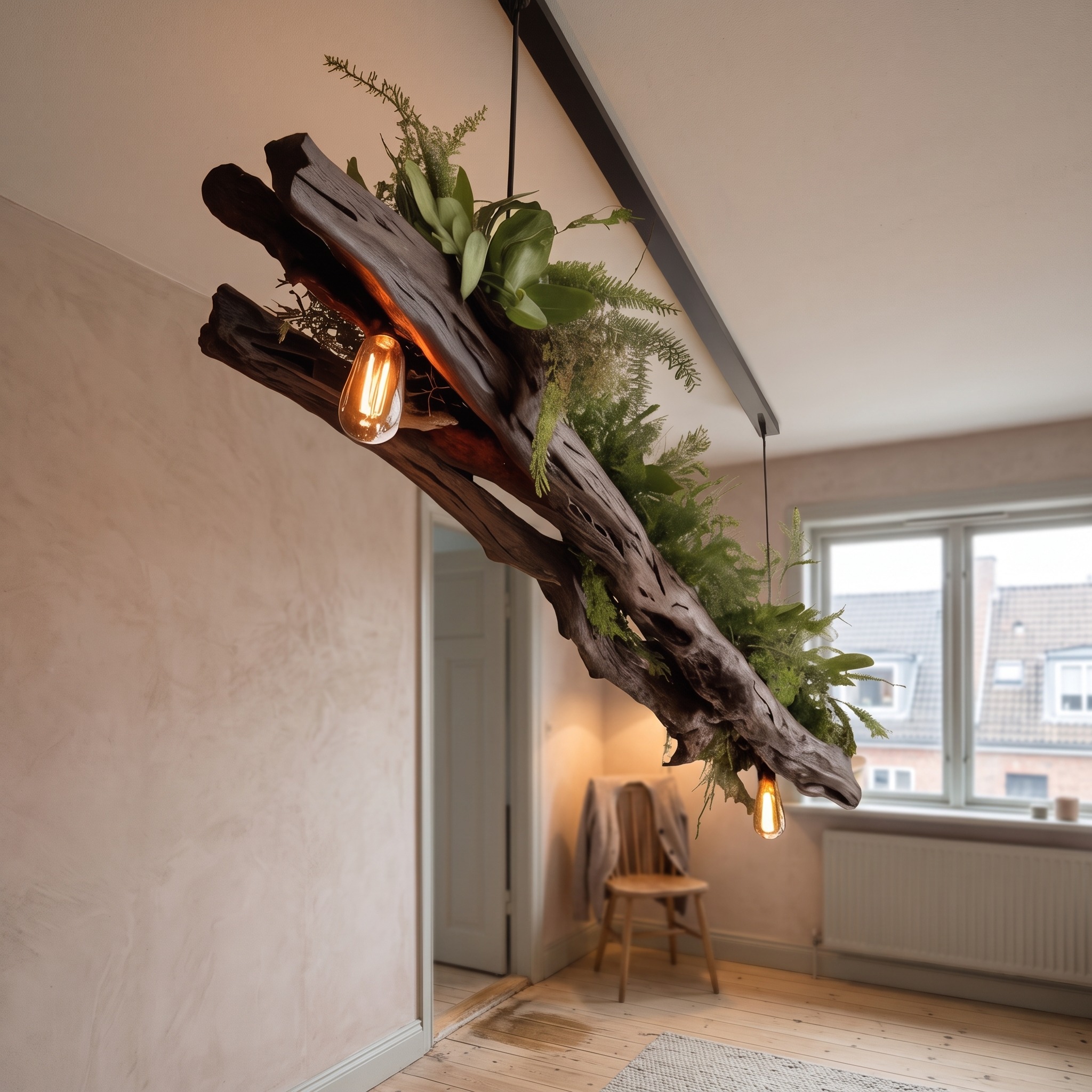 Rustic Wooden Ceiling Light with Greenery for Kitchen or Living Room